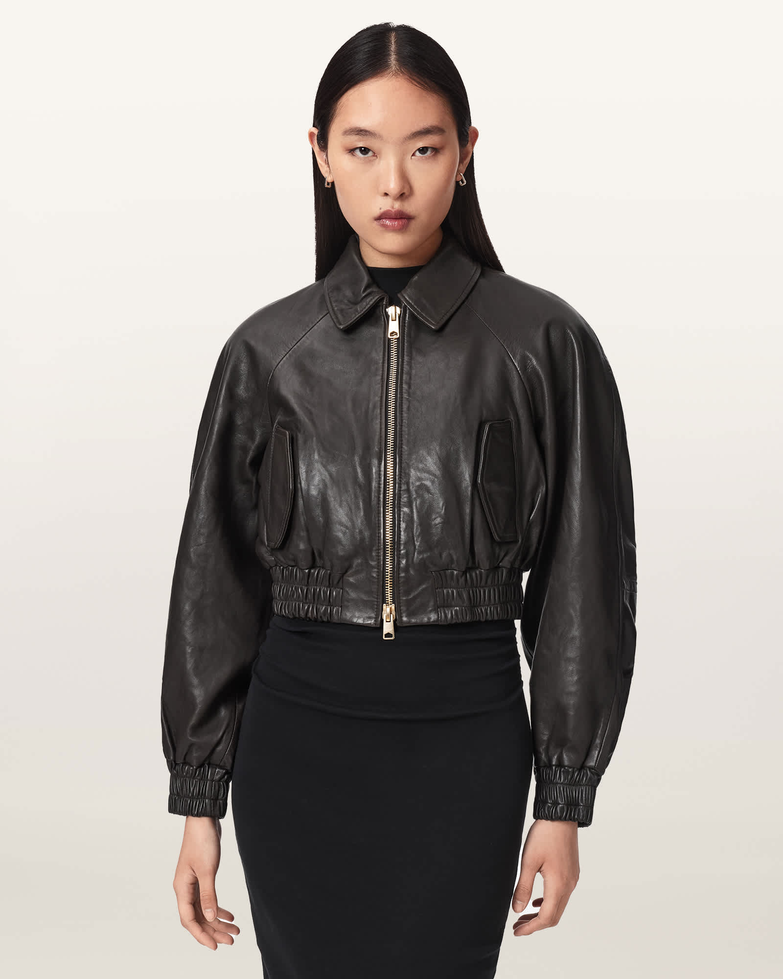 Anouk Cropped Leather Bomber Jacket Bitter Brown | ALLSAINTS US