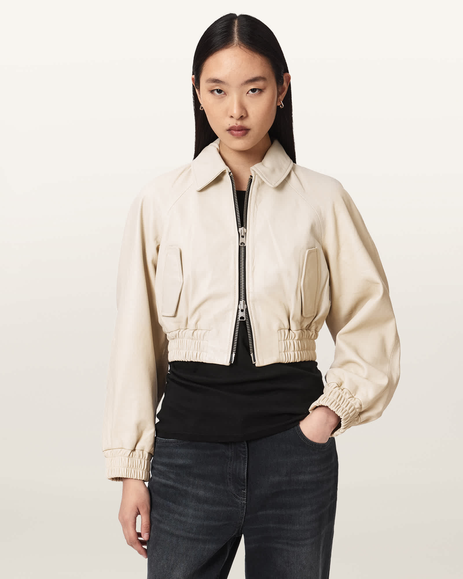 Anouk Cropped Leather Bomber Jacket ANTIQUE WHITE | ALLSAINTS