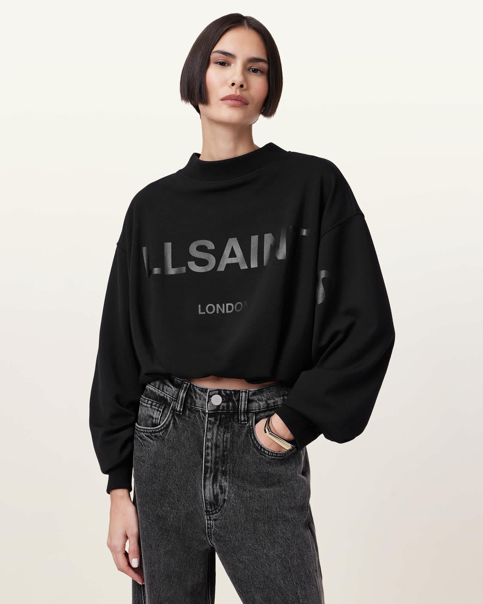 Biggy Logo Print Cropped Sweatshirt Black | ALLSAINTS US