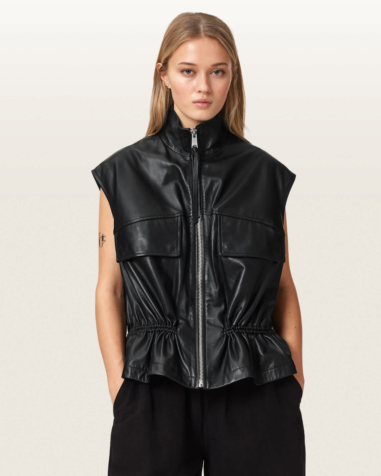 Flor Relaxed Fit Leather Gilet Black | ALLSAINTS US