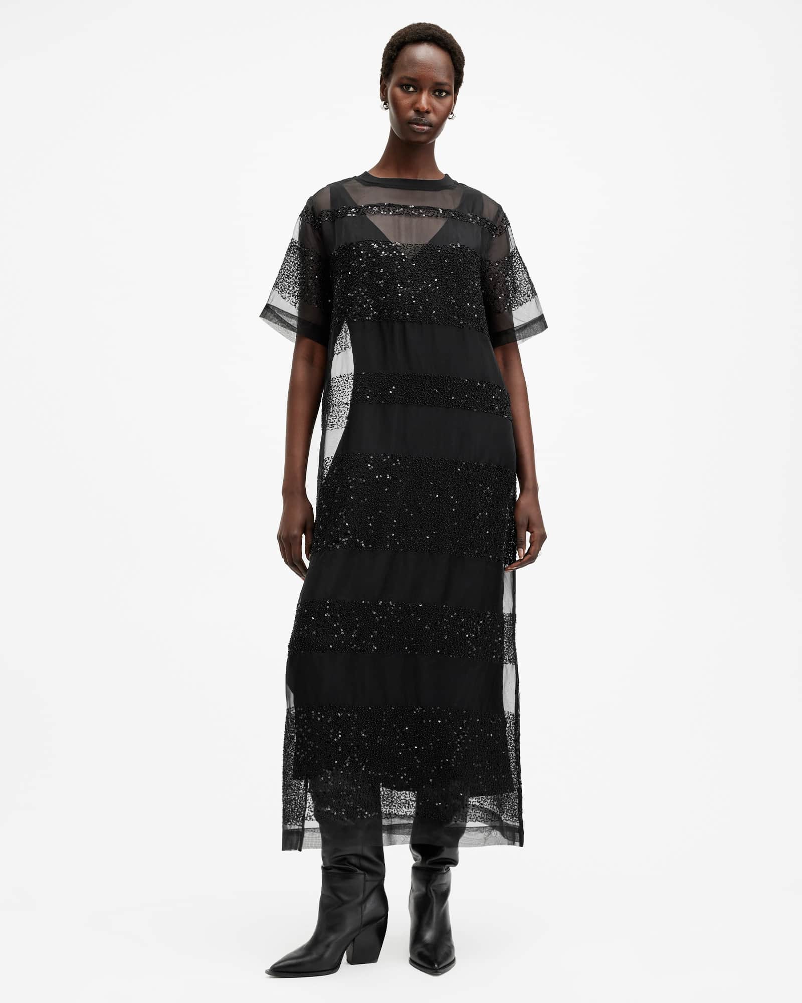 Izabela Embellished Mesh Maxi Dress Black | ALLSAINTS US