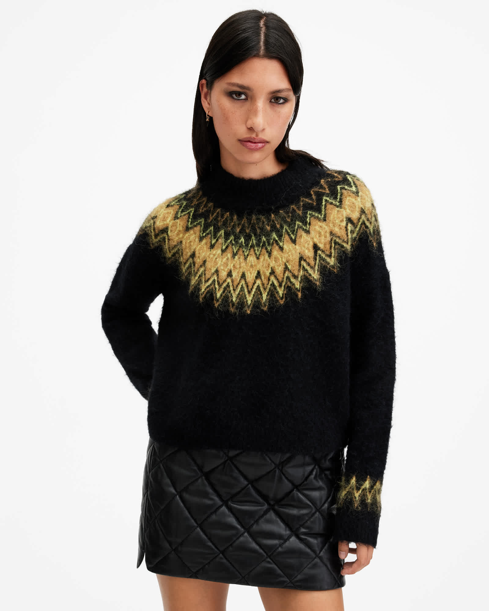 Clyde Fair Isle Funnel Neck Sweater Black | ALLSAINTS US