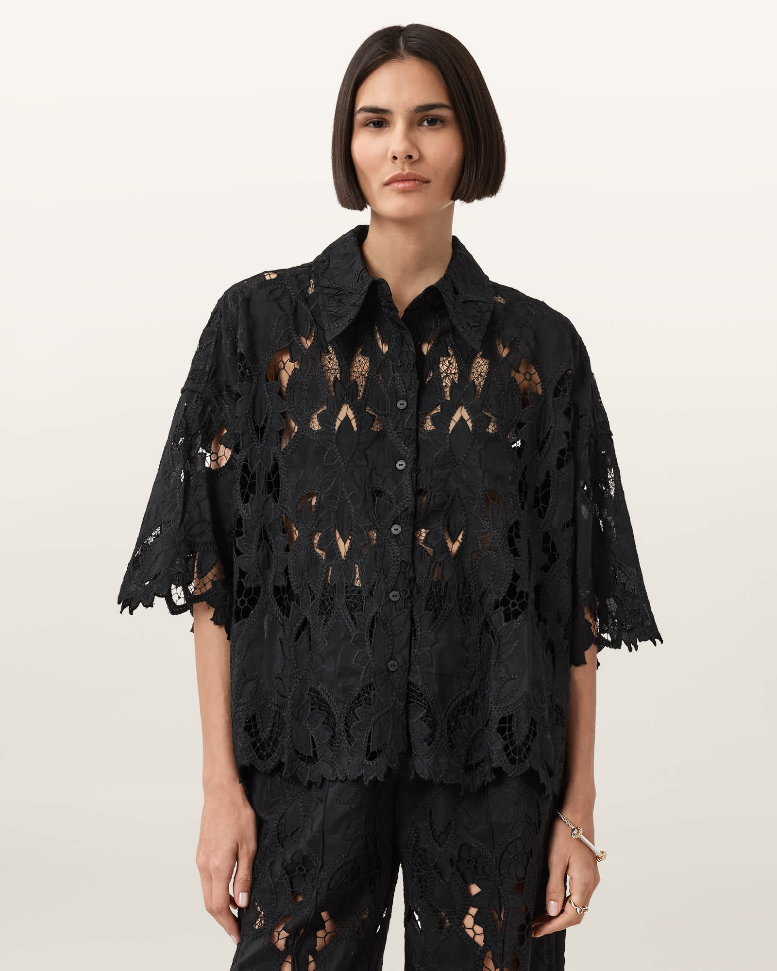 Allsaints Womens Black Charli Floral-embroidered Woven Shirt In Black