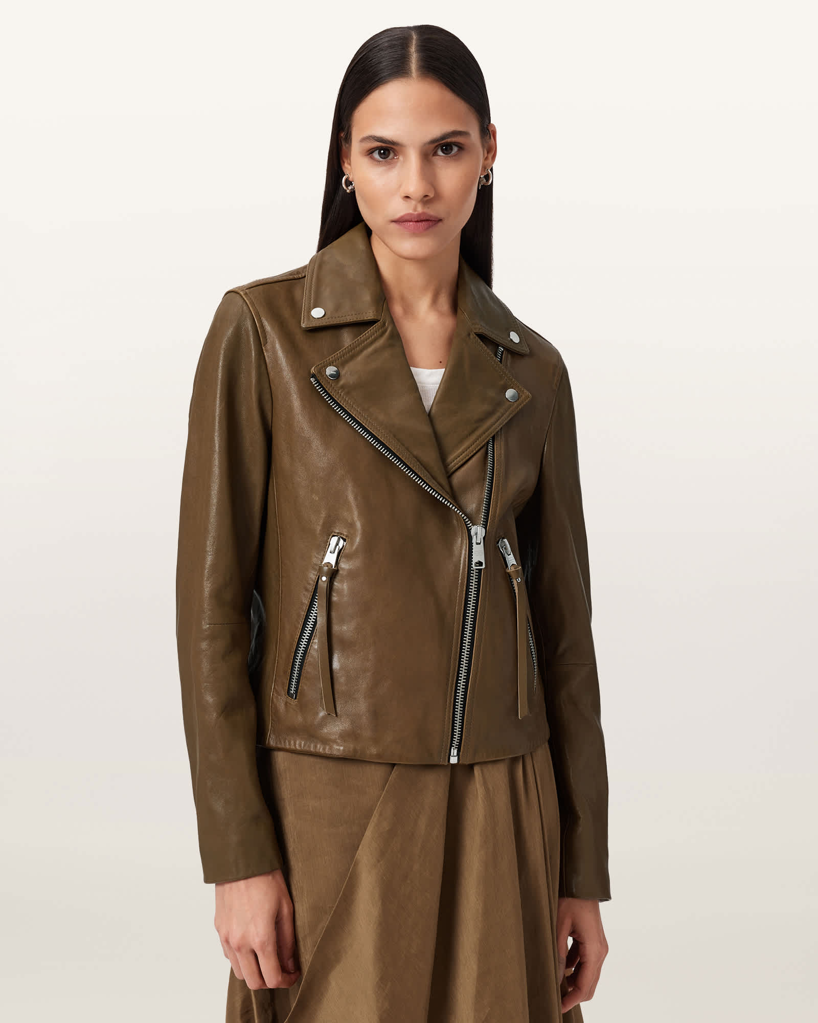 Dalby Slim Fit Leather Biker Jacket FANGO GREEN | ALLSAINTS US