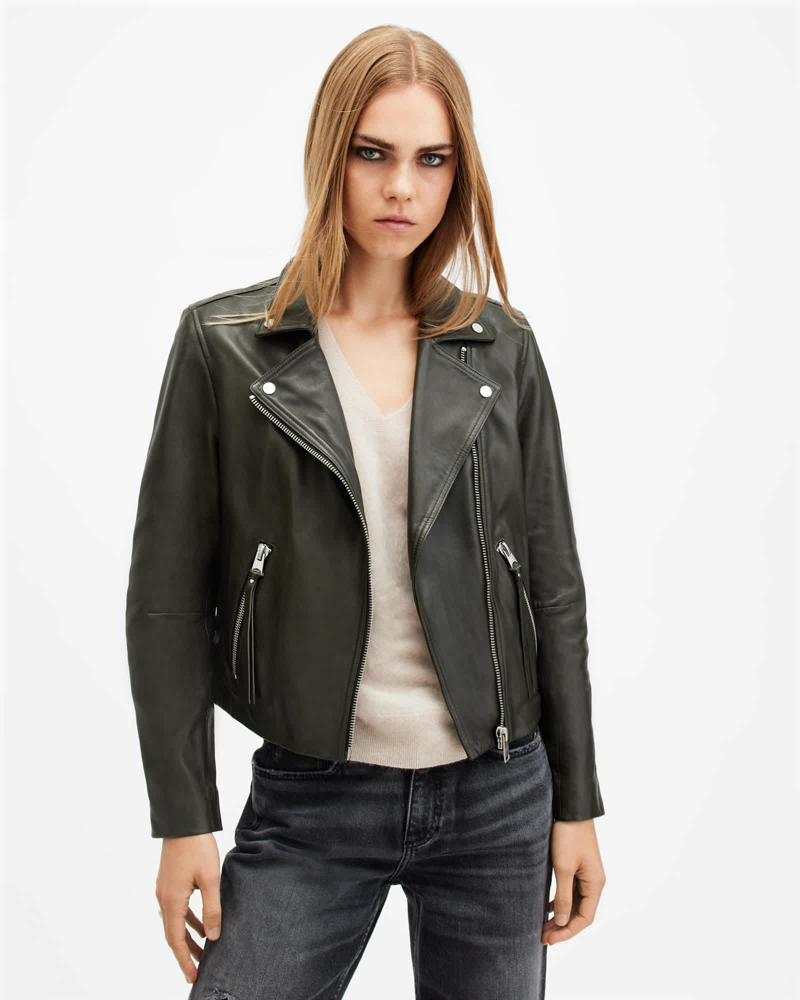 Dalby Slim Fit Leather Biker Jacket ROSIN GREEN | ALLSAINTS US