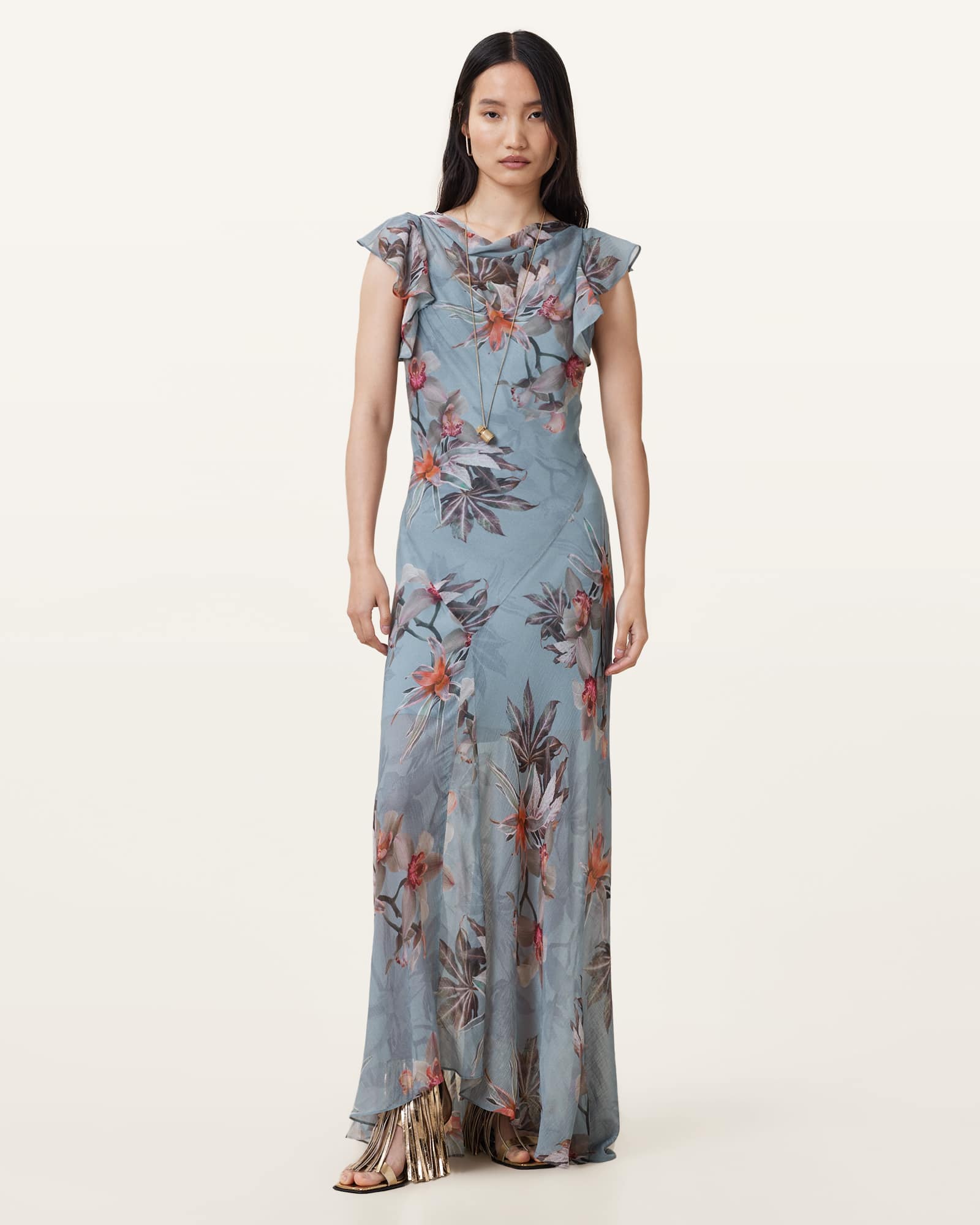 Allsaints Womens Flora Cowl-neck Floral-print Silk-blend Maxi Dress Adena Dusty Bl In Blue