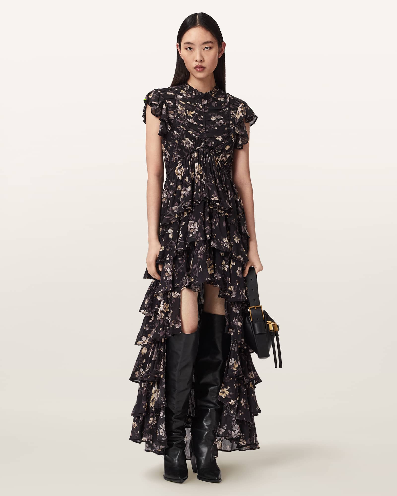 Shaela Floral Frill Maxi Dress VINE BLACK | ALLSAINTS US
