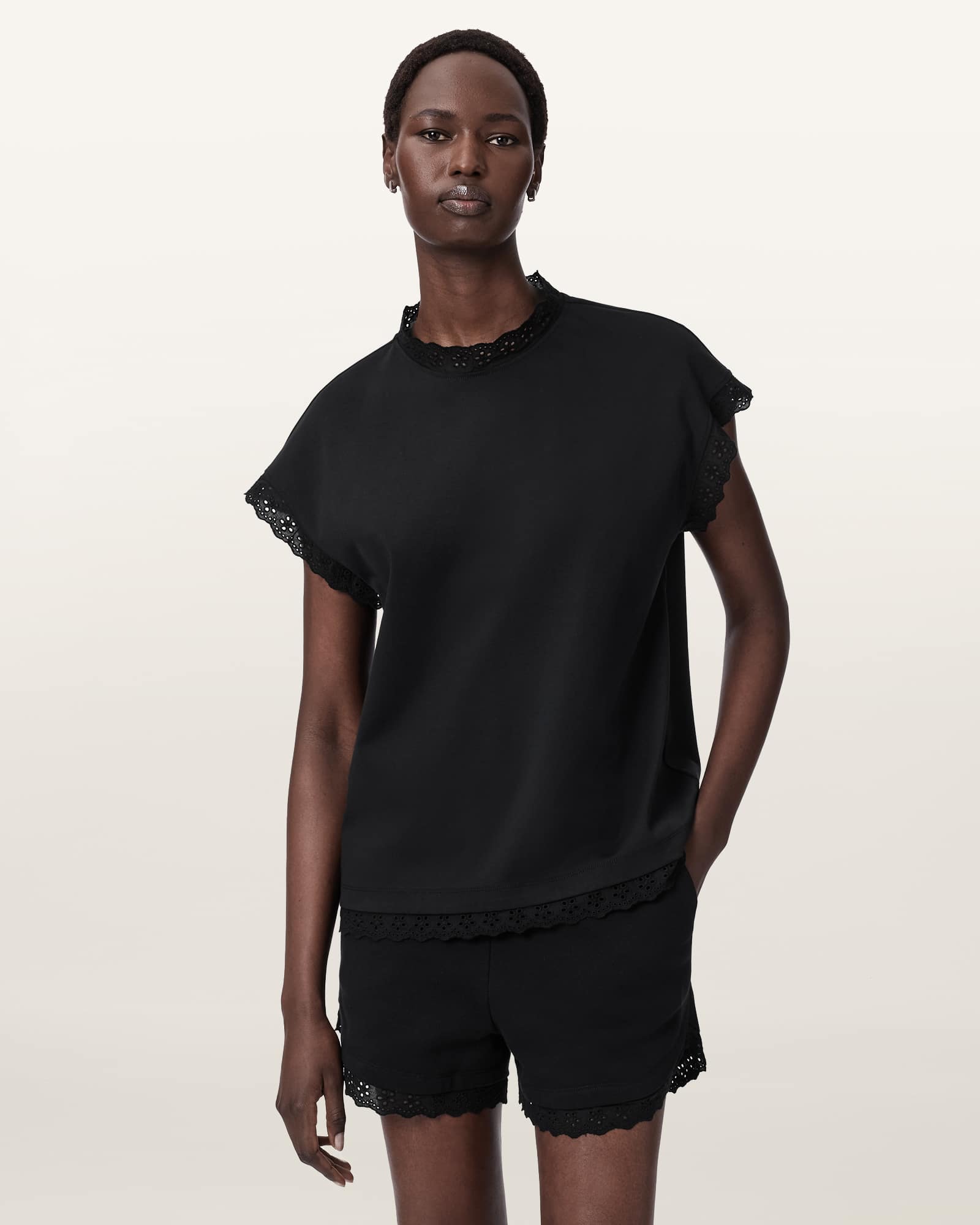 Lele Lace Trim Cotton Tank Top Black | ALLSAINTS