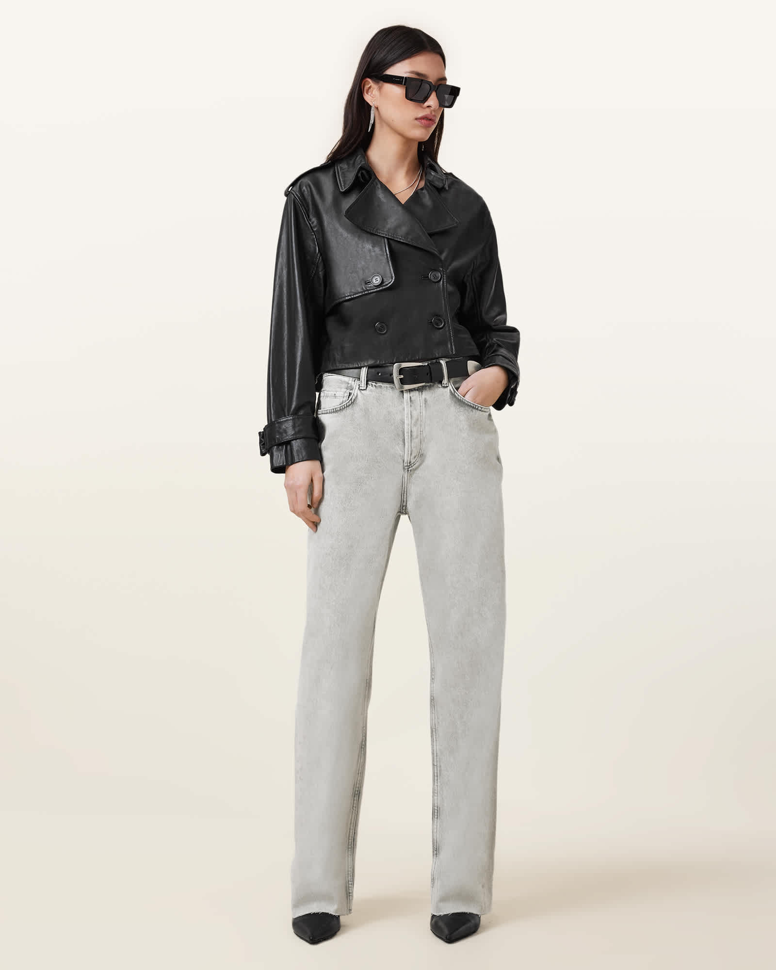 Hendry Cropped Leather Trench Coat Black | ALLSAINTS Canada