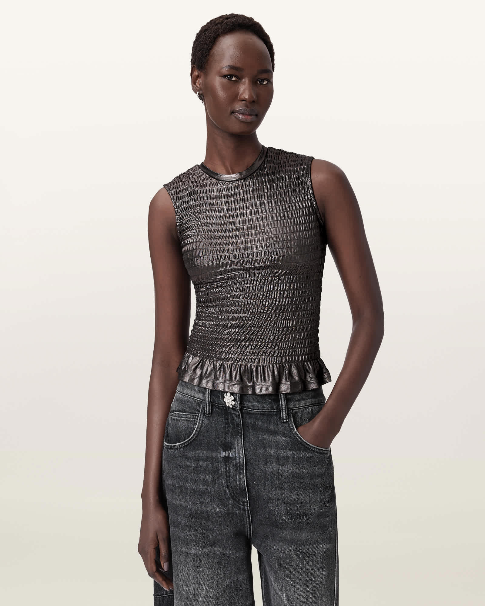 Ode Smocked Metallic Tank Gunmetal Grey | ALLSAINTS US