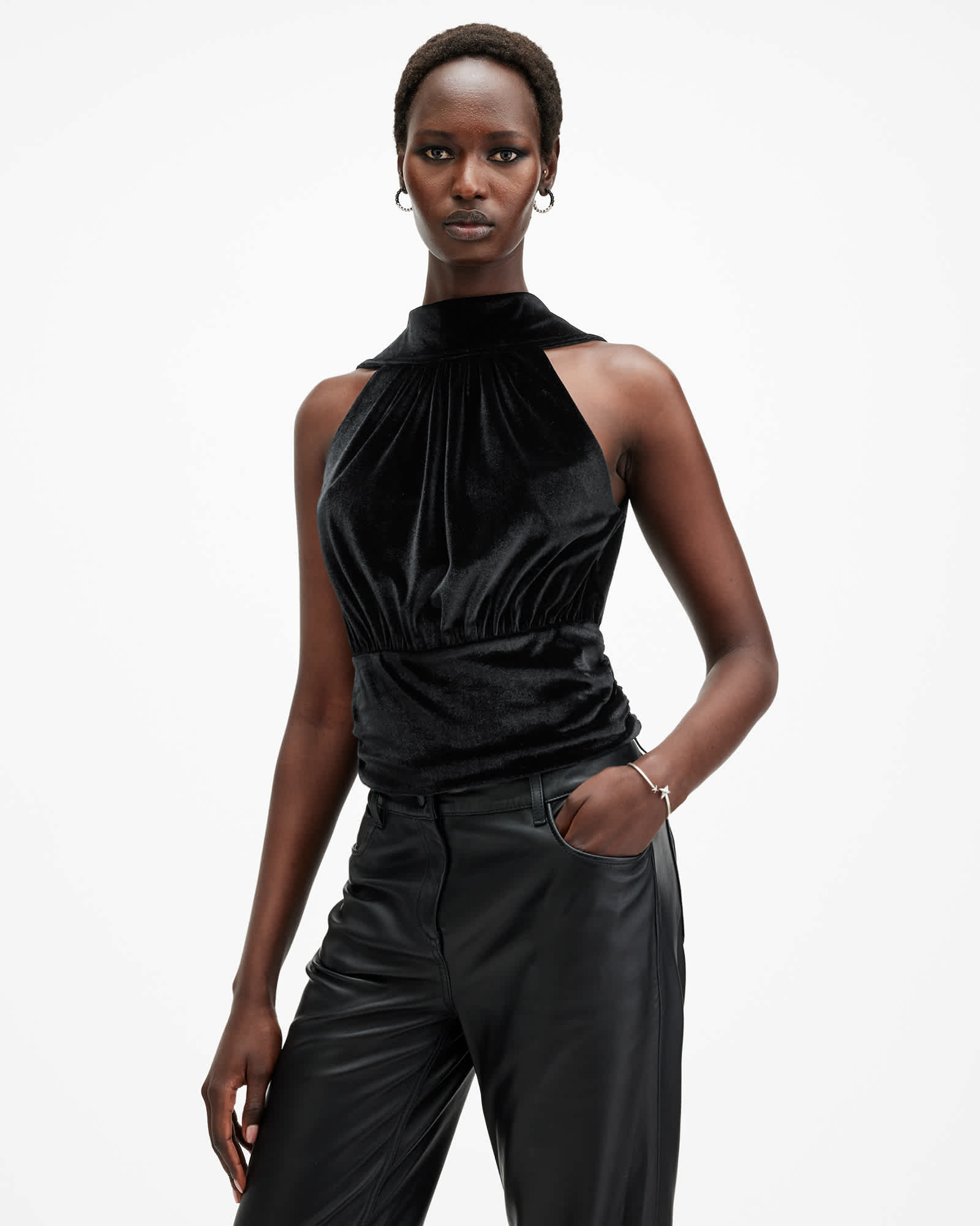 Bellatrix High Neck Velvet Top Black | ALLSAINTS US