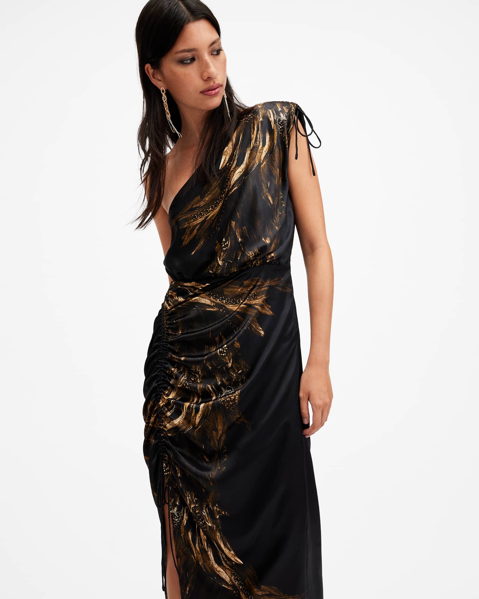 Laura Silk Blend One Shoulder Maxi Dress CHARM BLACK | ALLSAINTS