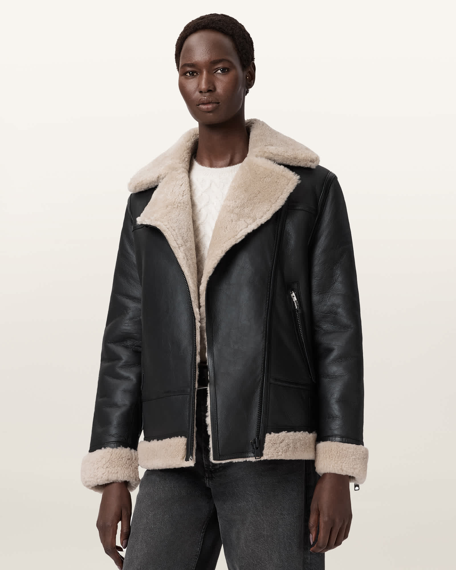 Sola Shearling Biker Jacket Black/Natural | ALLSAINTS US