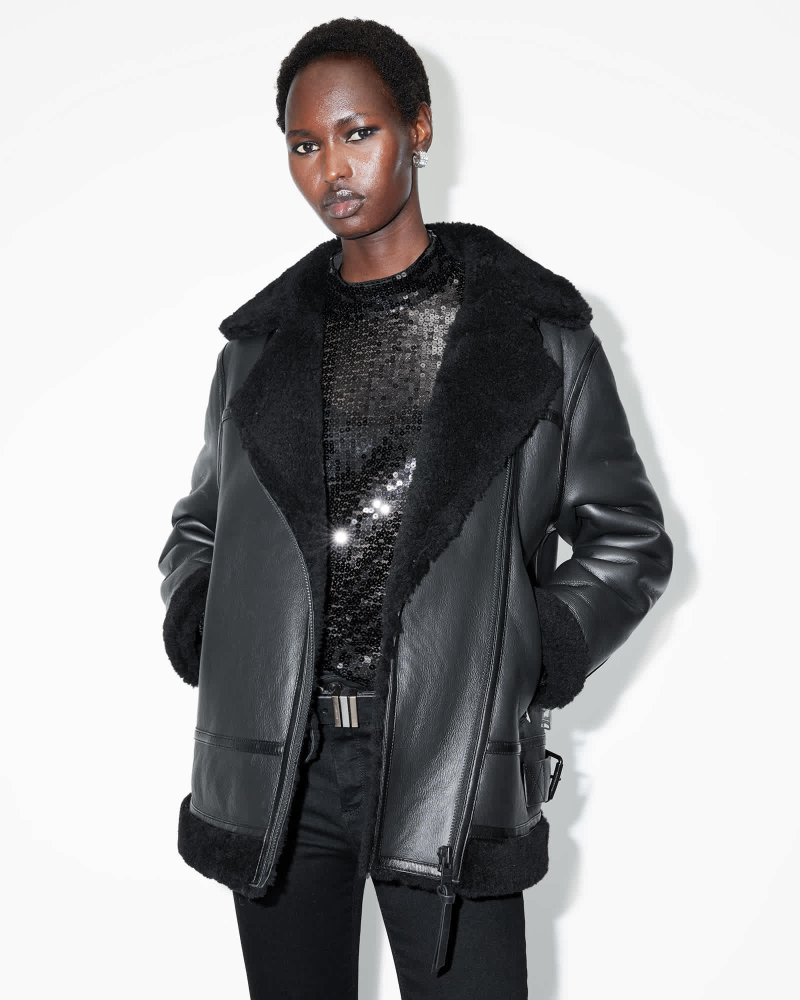 Sola Oversized Shearling Biker Jacket Black | ALLSAINTS US