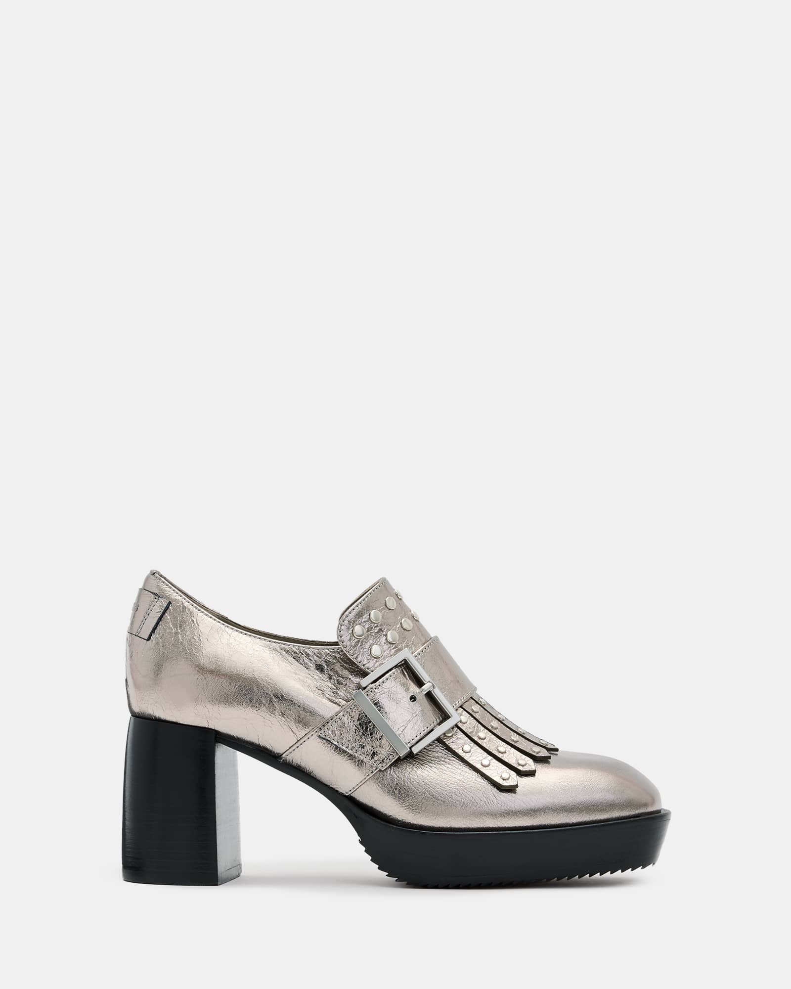 Zia Studded Leather Heeled Loafers Gunmetal Grey | ALLSAINTS US