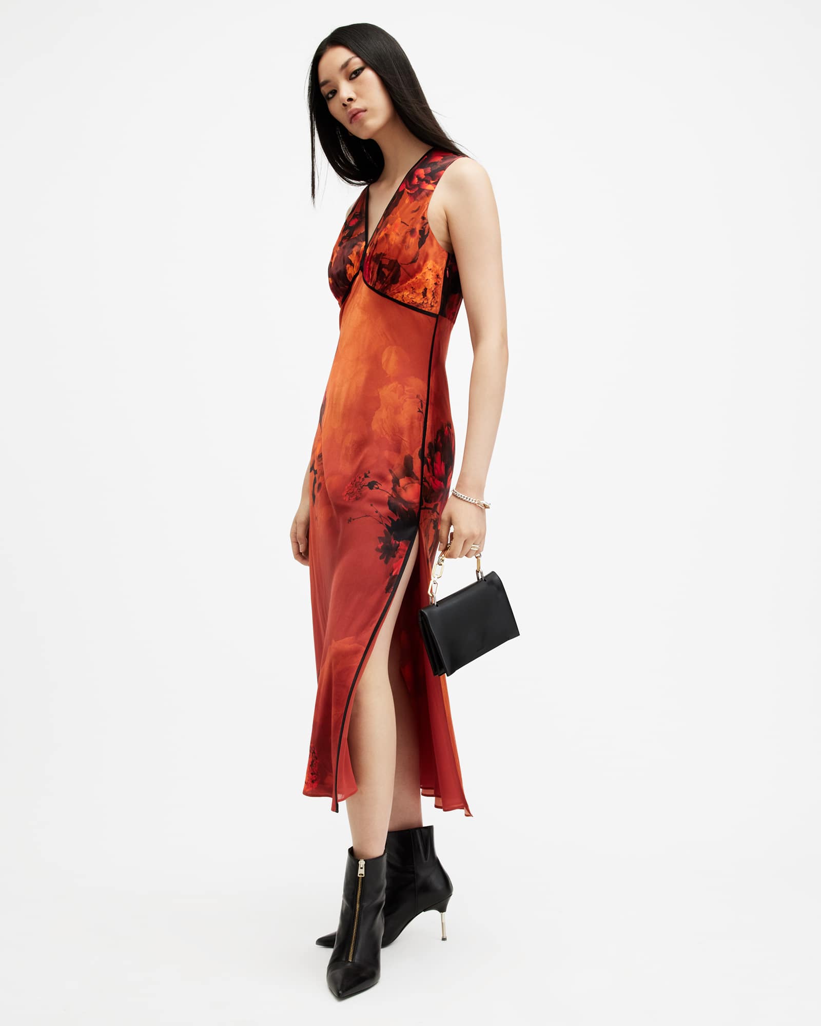 Karla V-Neck Silk Blend Midi Dress ADELA BURNT ORANGE