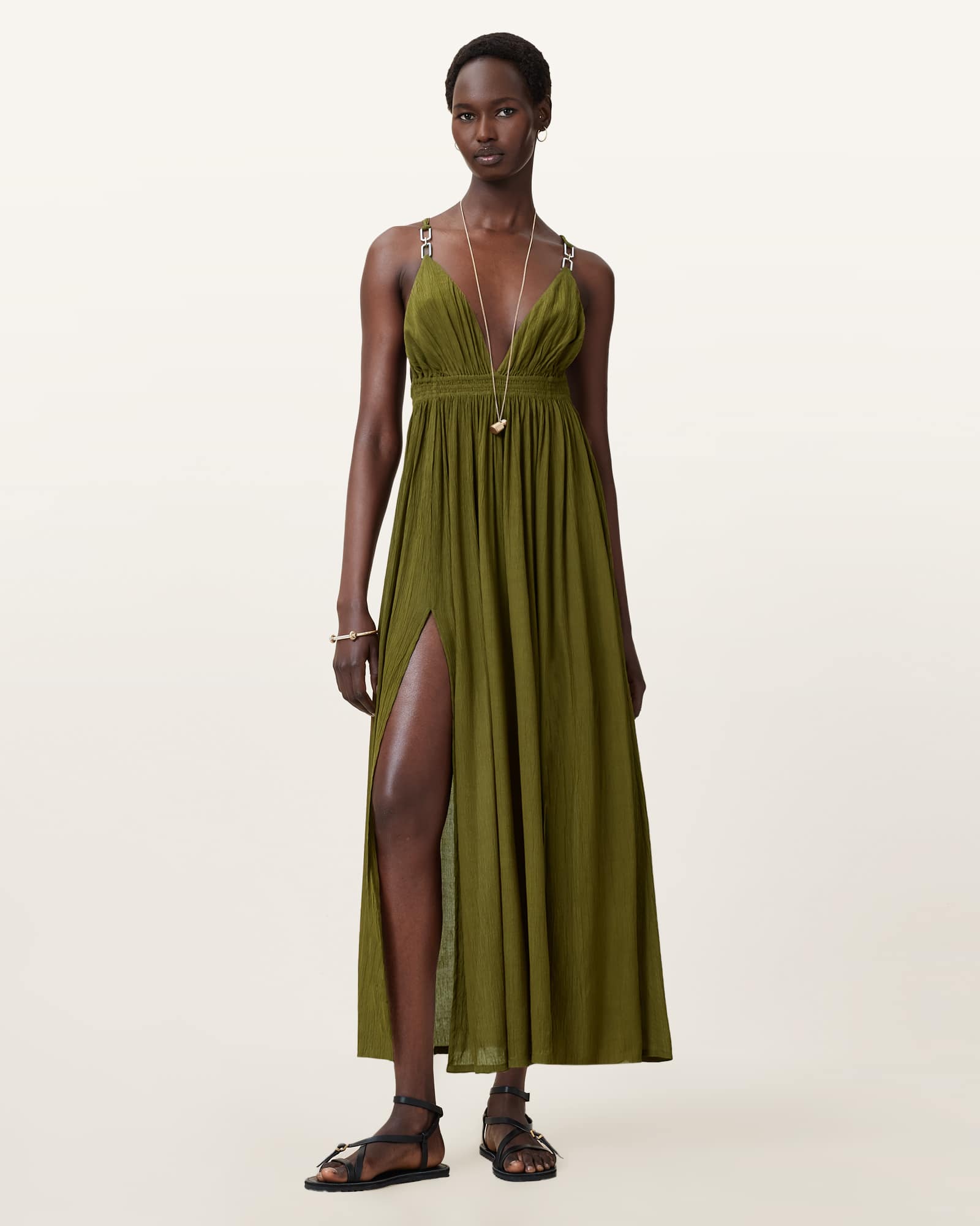 saints and secrets green dress Pleated Halter Matcha Green Chiffon Long Bridesmaid Dress – Ohmollydress main image 1