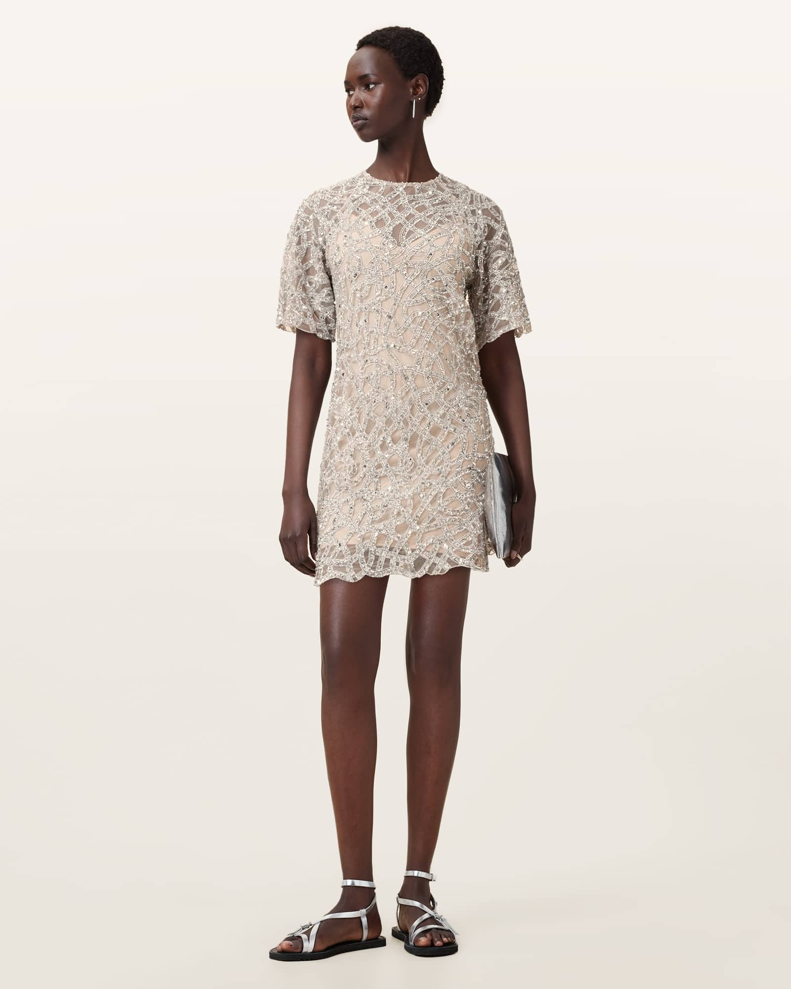 Eva Embellished Mini Dress WHITE/SILVER | ALLSAINTS