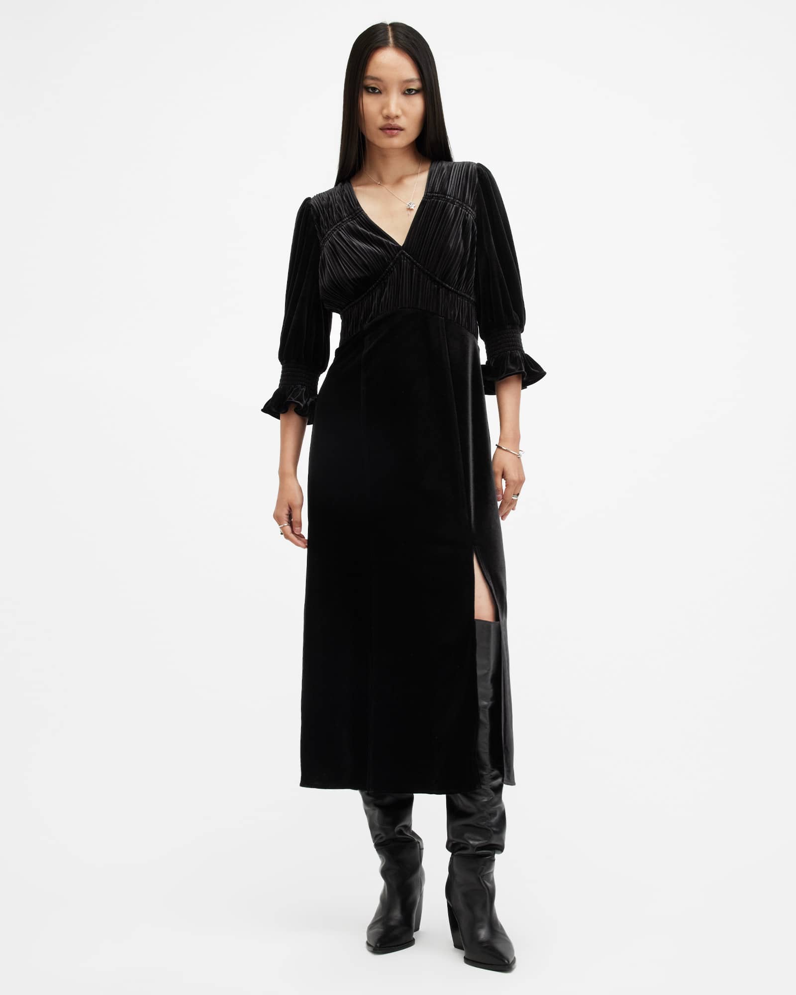 all saints black velvet dress Ani V-Neck Midi fit_cat:half-down White Linen Dress - Color:Black Gold Back Zipper