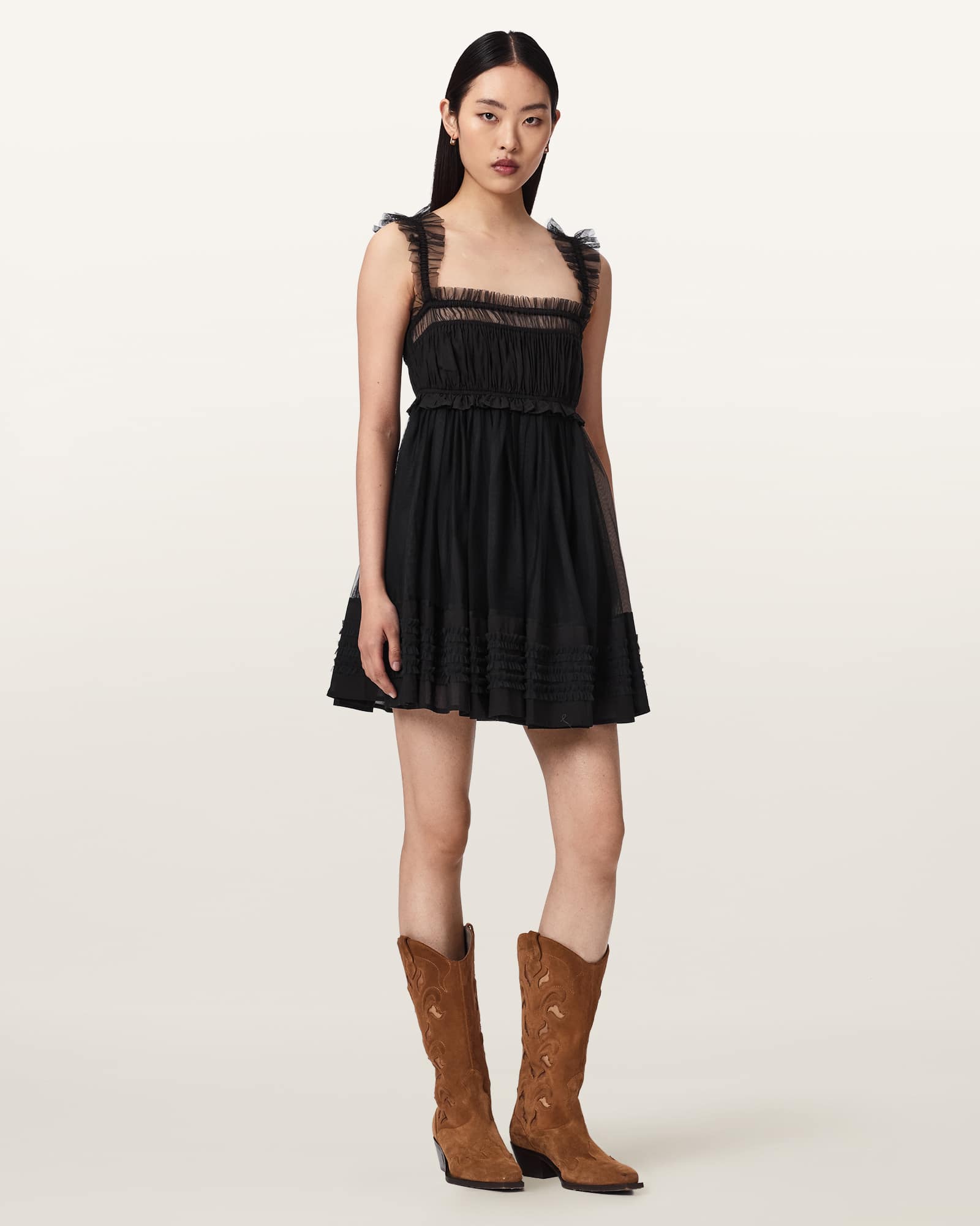 Angela Gathered Frill Mini Dress Black | ALLSAINTS US
