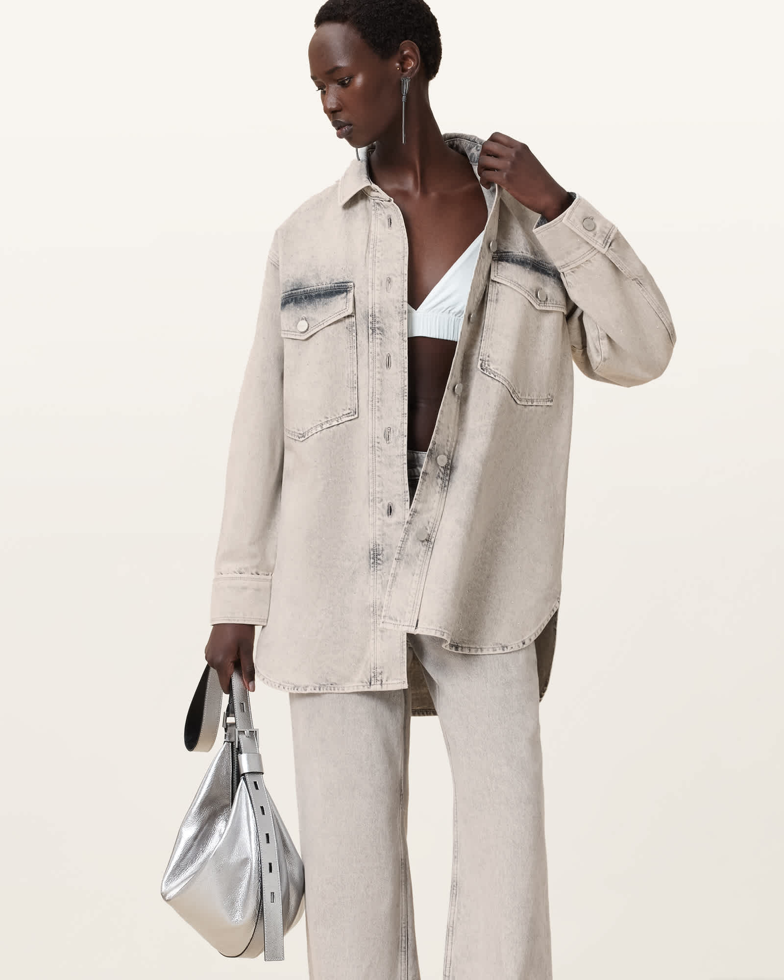 Faye Sparkle Denim Mini Dress SNOW GREY | ALLSAINTS US