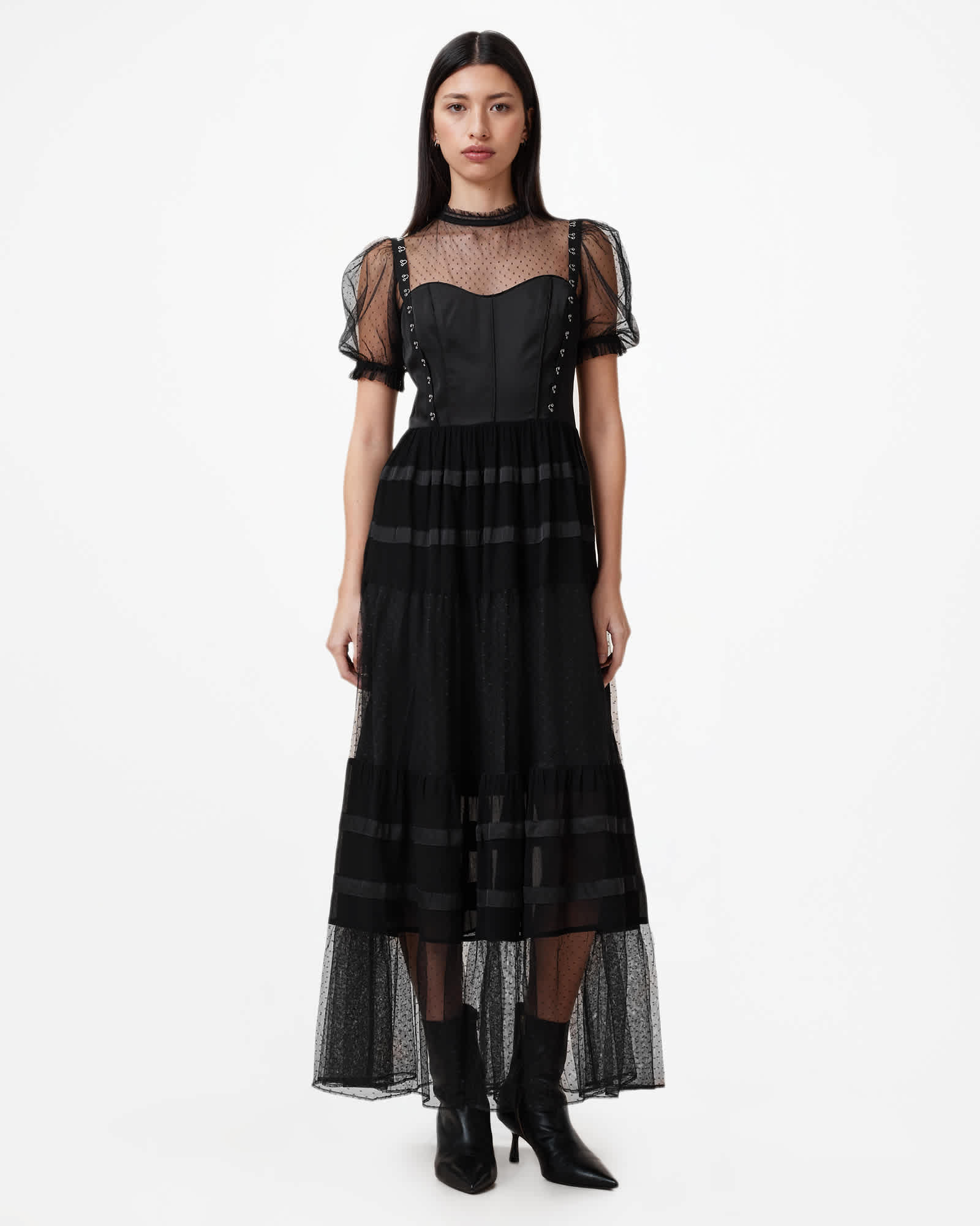all saints black mesh dress Ryla Polka Dot Mesh Maxi Dress Black