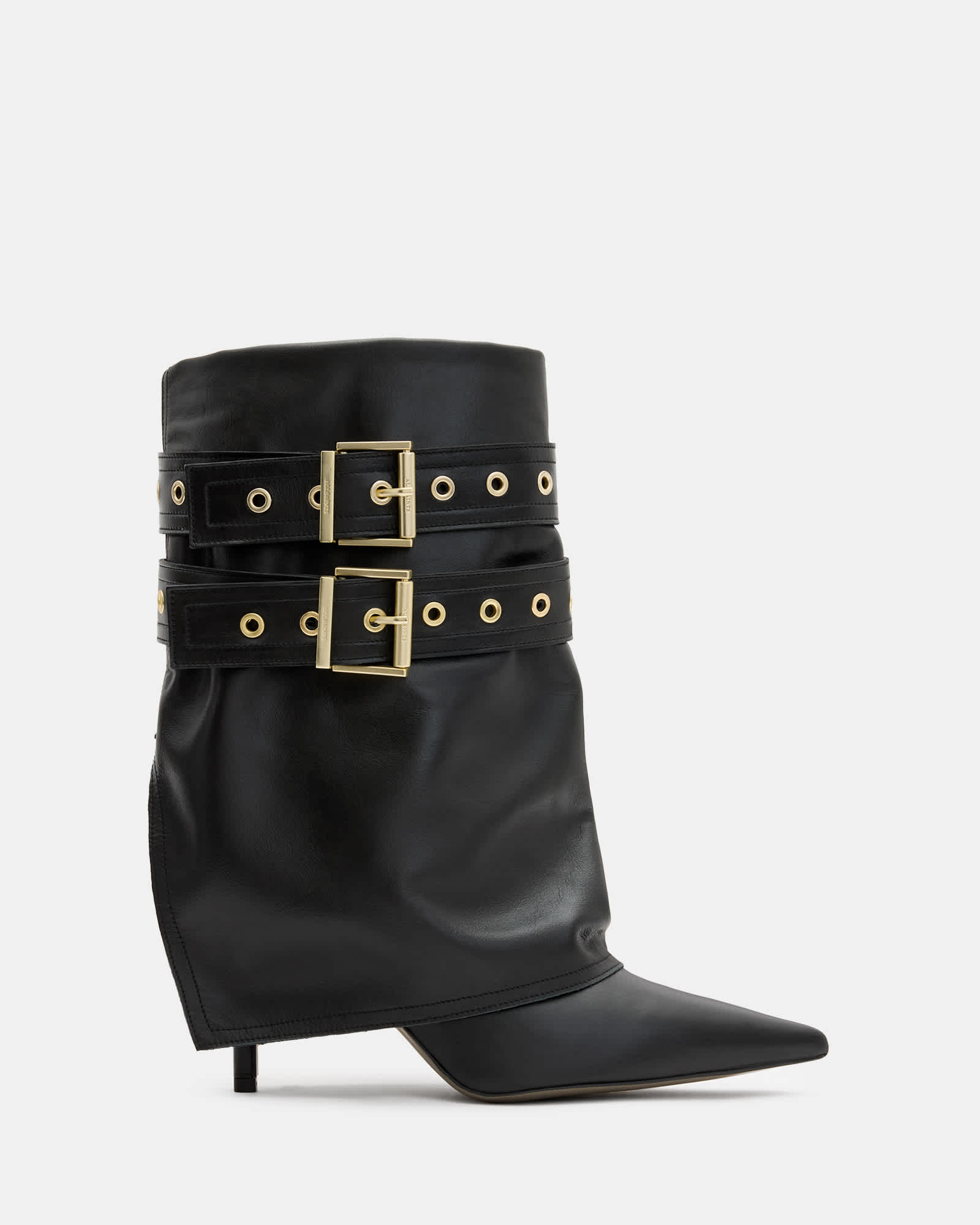 Dua Fold-Over Buckle Leather Boots Black | ALLSAINTS US
