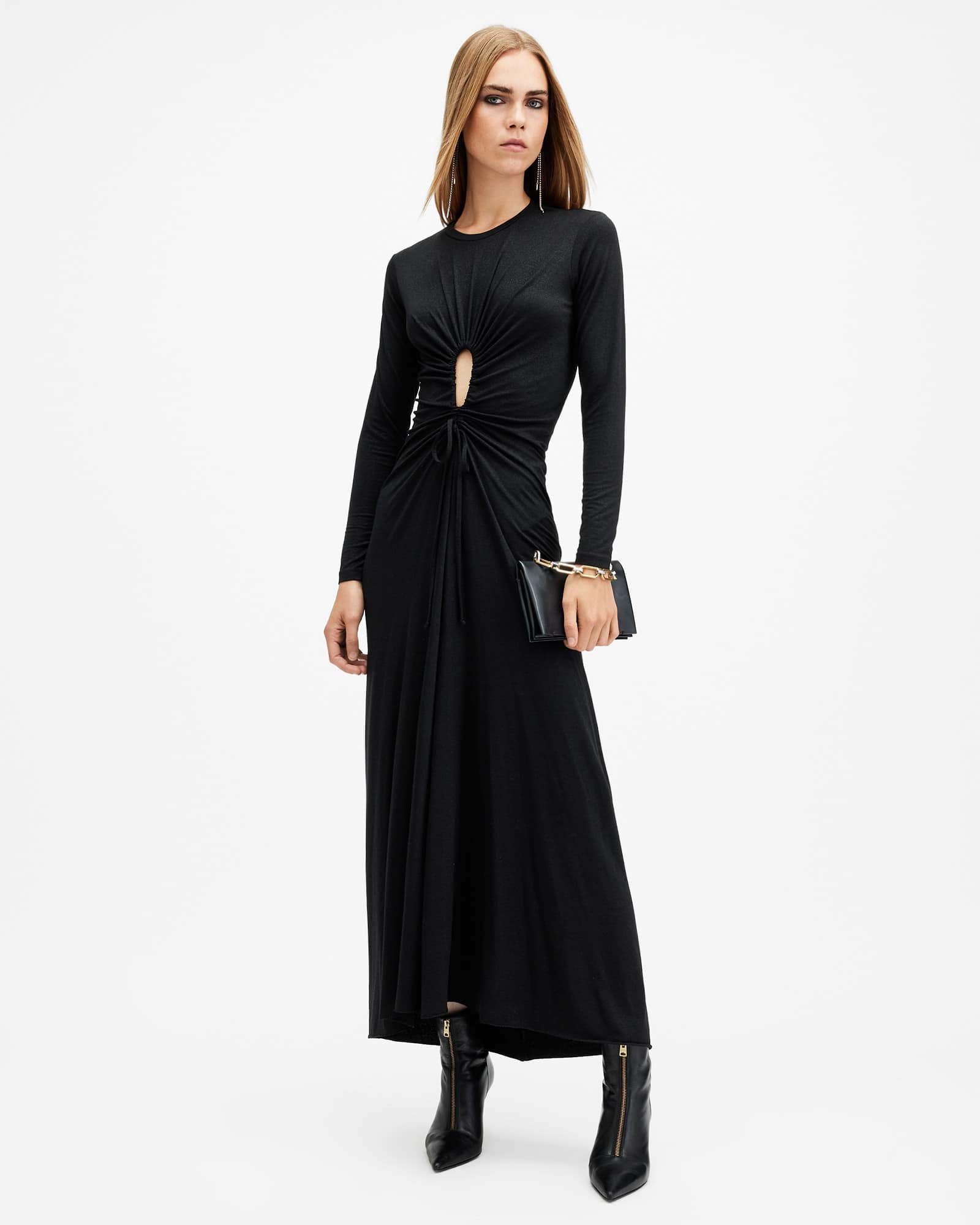 Xylia Long Sleeve Gathered Maxi Dress METALLIC BLACK | ALLSAINTS FR