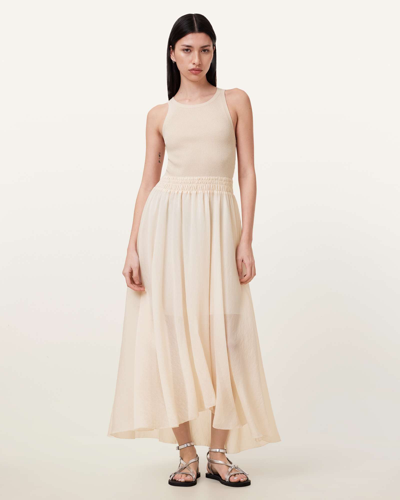 Zenia Sleeveless Asymmetric Midi Dress ALMOND WHITE | ALLSAINTS US