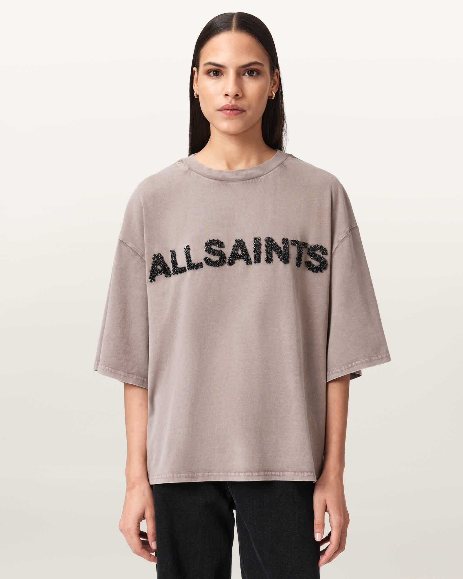 (取寄) オールセインツ レディース アブリ ティー AllSaints women Avri Tee Cement Grey Vena Amelie Oversized T-shirt Stone Grey | ALLSAINTS