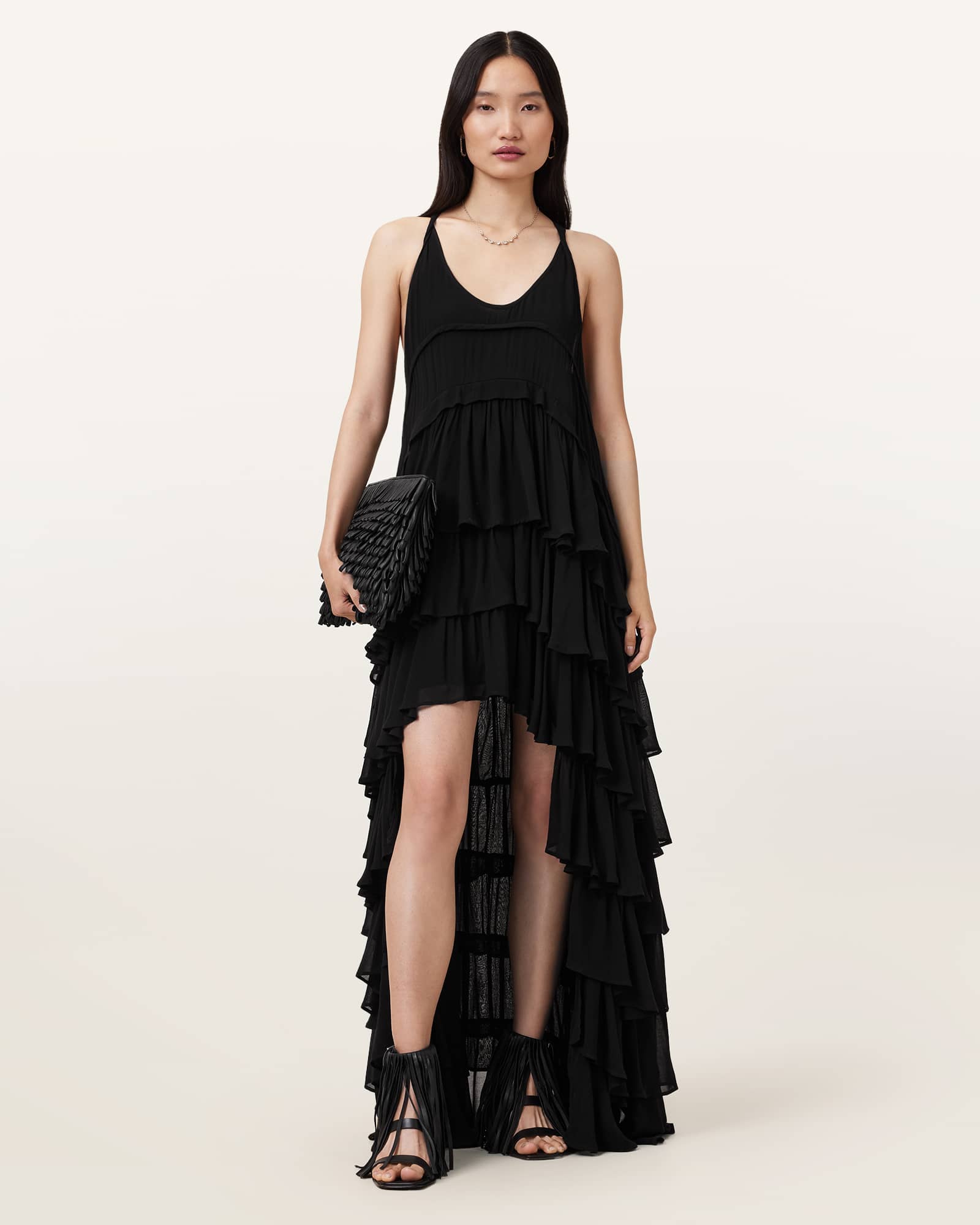 Cavarly Tiered Ruffle Maxi Dress Black | ALLSAINTS