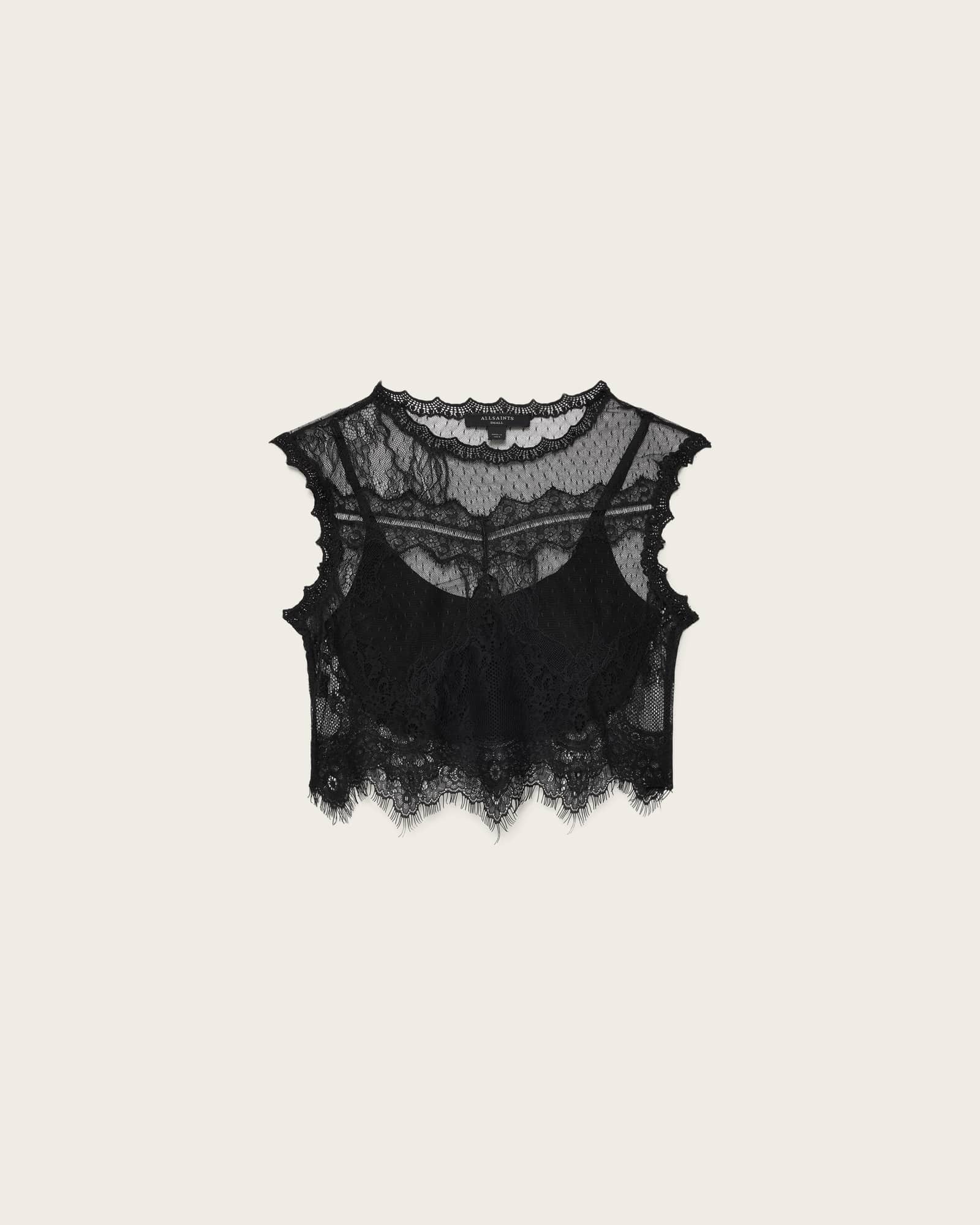 Eliza Sheer Lace Cropped Tank Top Black | ALLSAINTS US