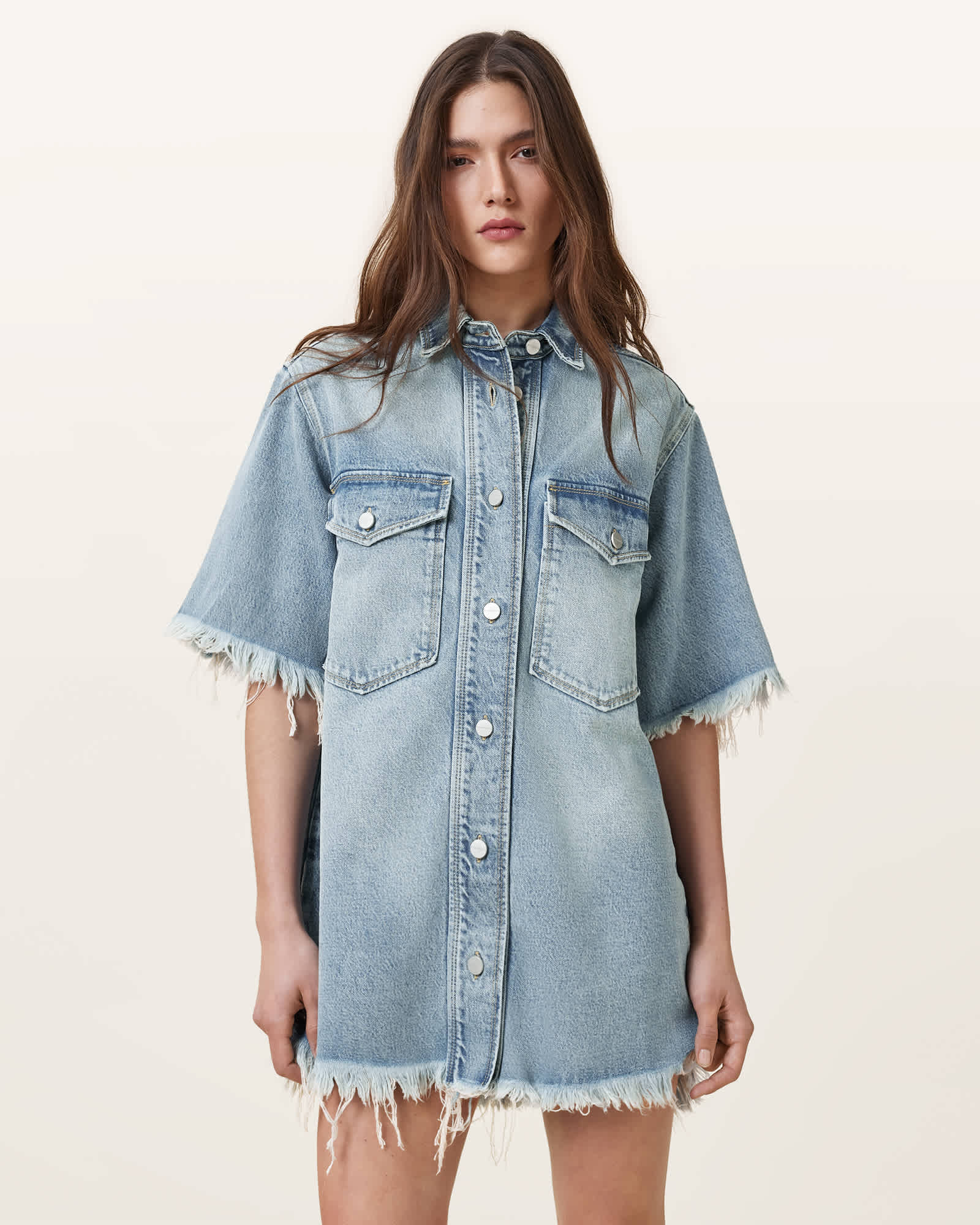 Faye Denim Mini Dress Light Indigo | ALLSAINTS US Faye Denim Mini Dress Light Indigo | ALLSAINTS US