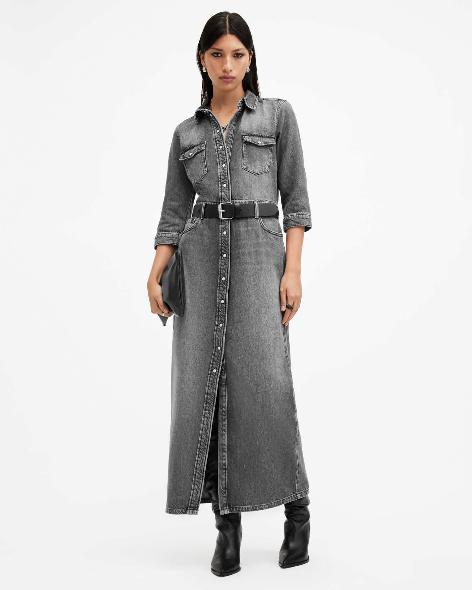 Blair Long Sleeve Denim Maxi Dress Washed Black | ALLSAINTS US