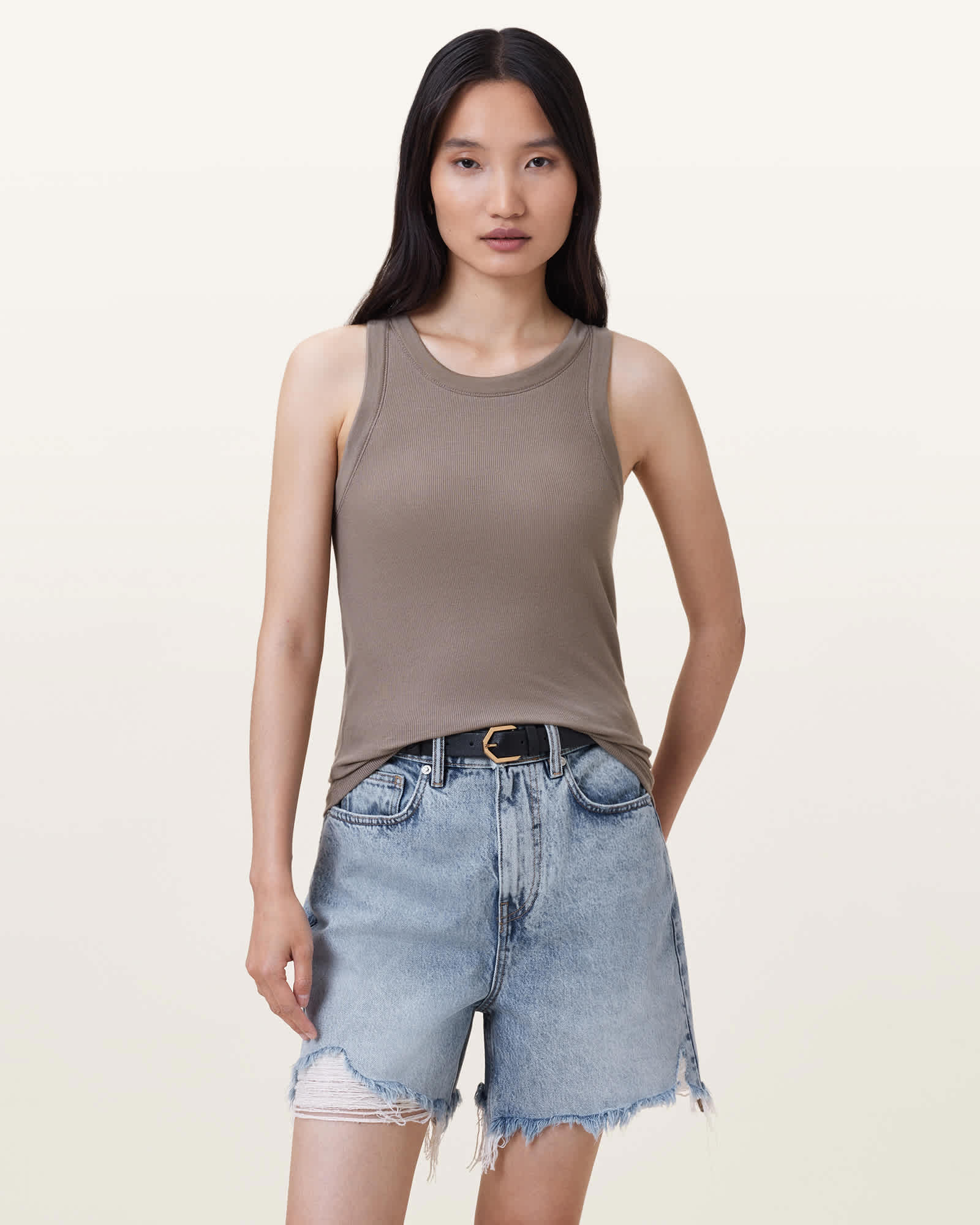 Allsaints Womens Rina Round-neck Sleeveless Stretch-woven Tank Pine Bark Brow