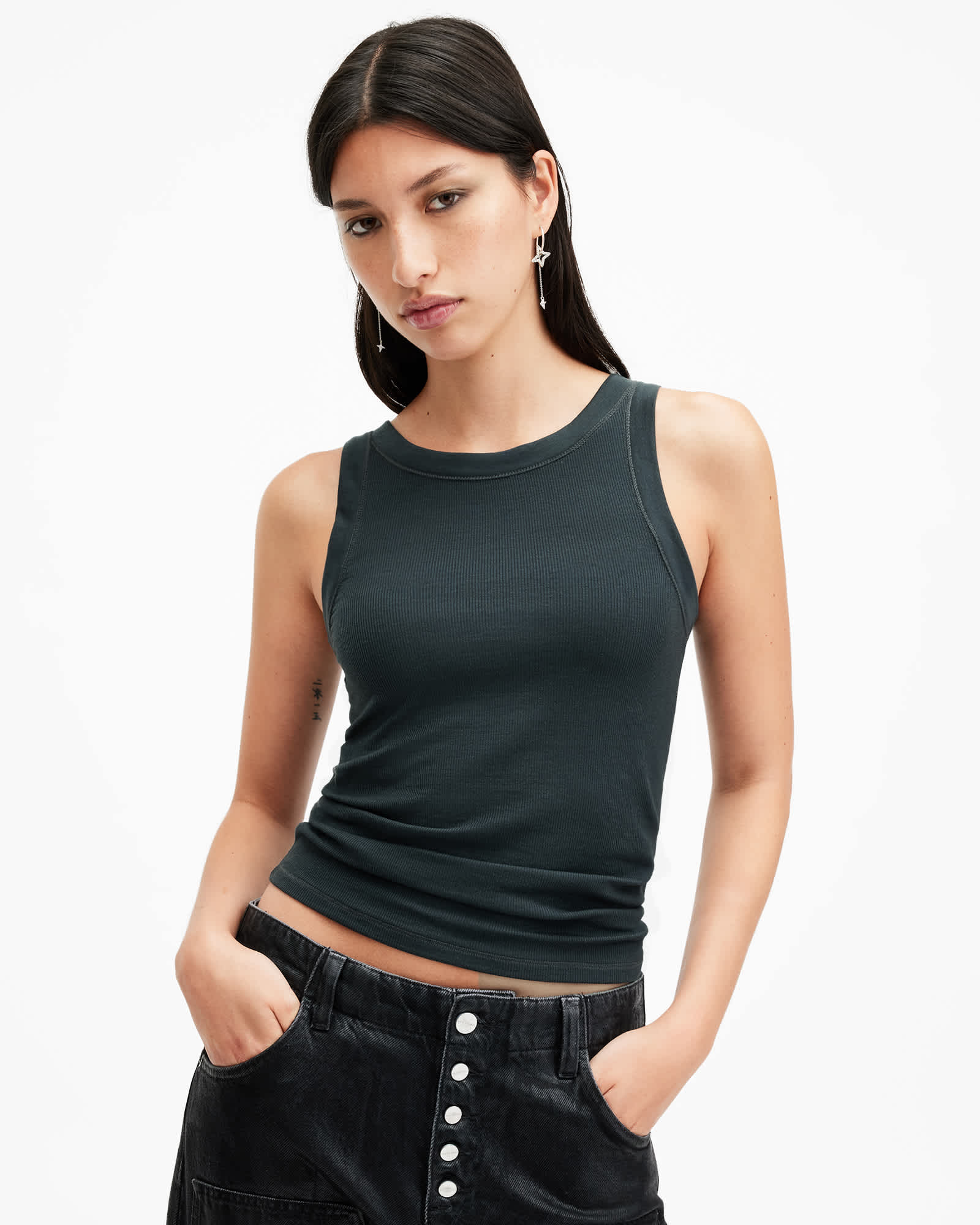 大人 可愛い 服  Sleeveless Neck Crew Rina Tank ALLSAINTS | Blue Midnight Top トップス