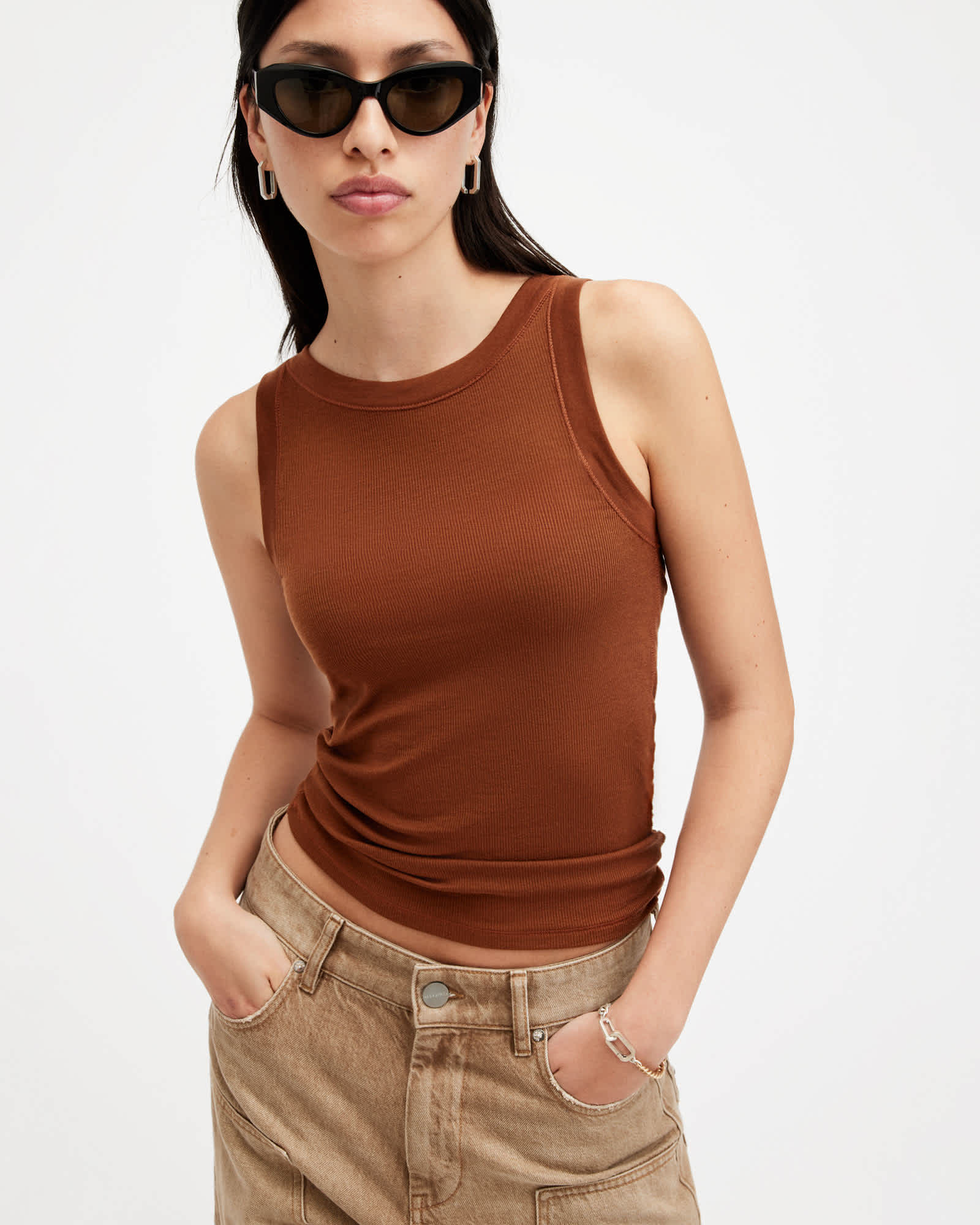 タンクトップ ノースリーブ RINA CREW NECK SLEEVELESS TANK TOP | RINA クルーネック ノースリーブ タンクトッ Rina Crew Neck Sleeveless Tank Top SUGAR BROWN | ALLSAINTS US