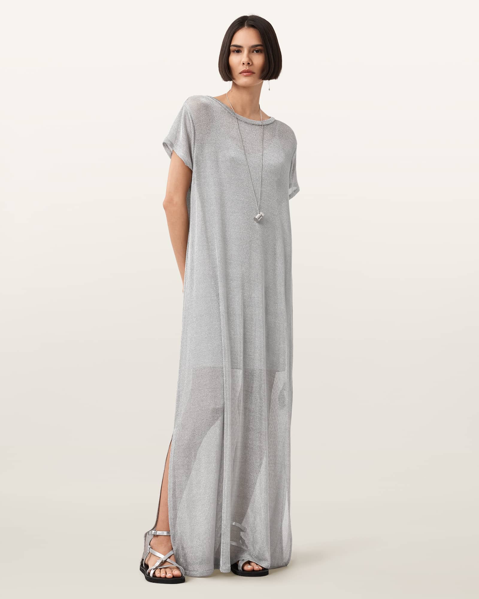 Allsaints Thea Sparkle Sheer Cotton Blend Maxi Dress In Gray