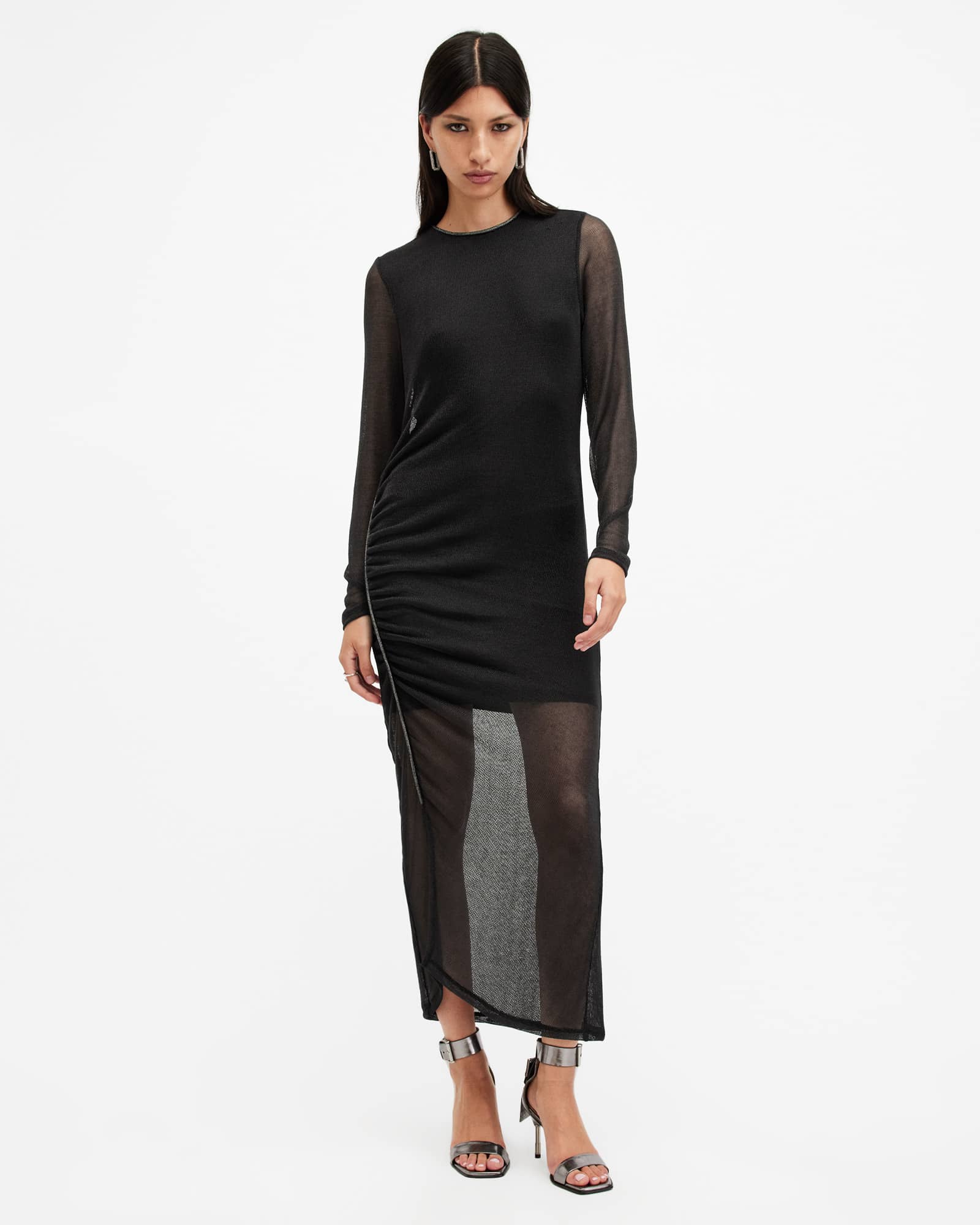 Nora Ruched Sparkle Midi Dress BLACK SHIMMER | ALLSAINTS US