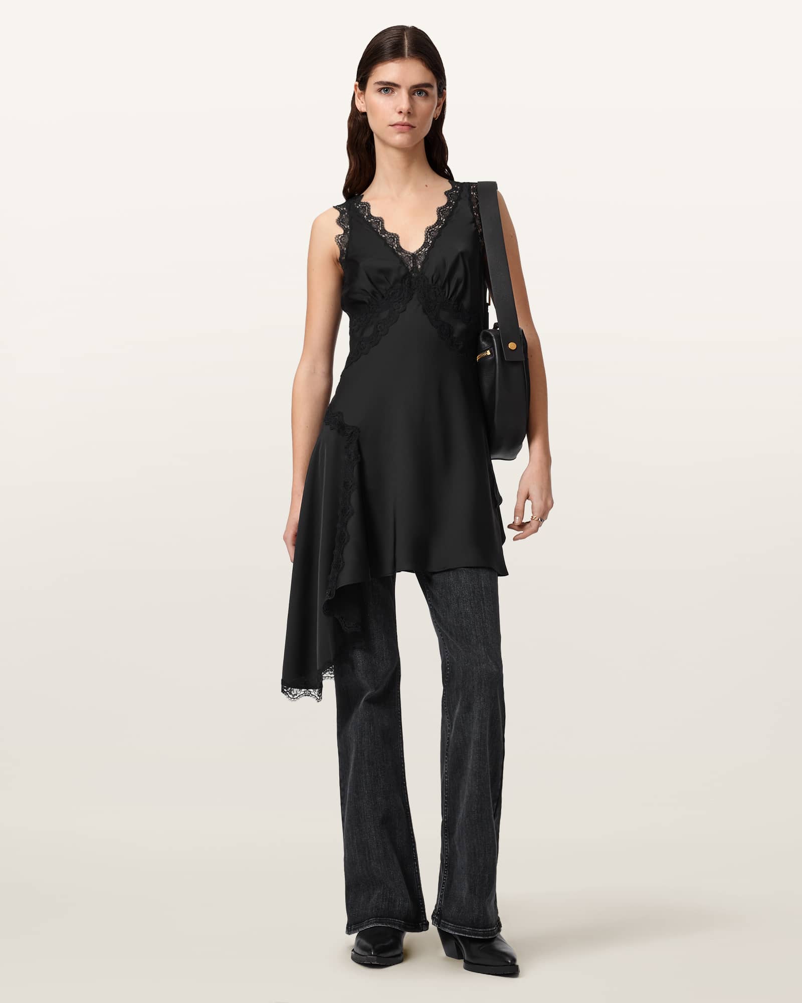 Ilka Asymmetric Lace Mini Dress Black | ALLSAINTS US