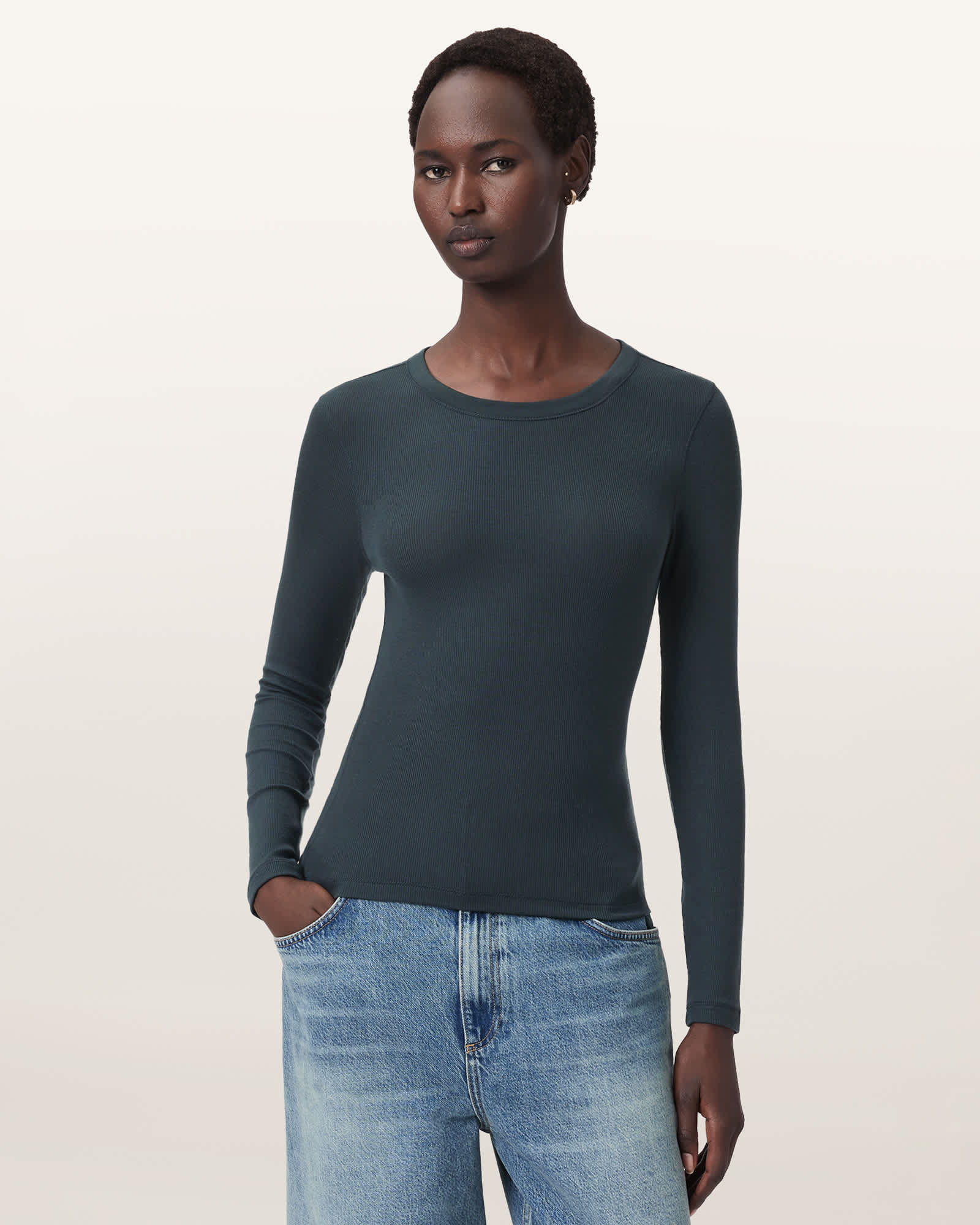 (取寄) オールセインツ レディース リナ ロング スリーブ クルー ネック AllSaints women Rina Long Sleeve Crew Neck Dark Slate Blue W270JB-8776-1