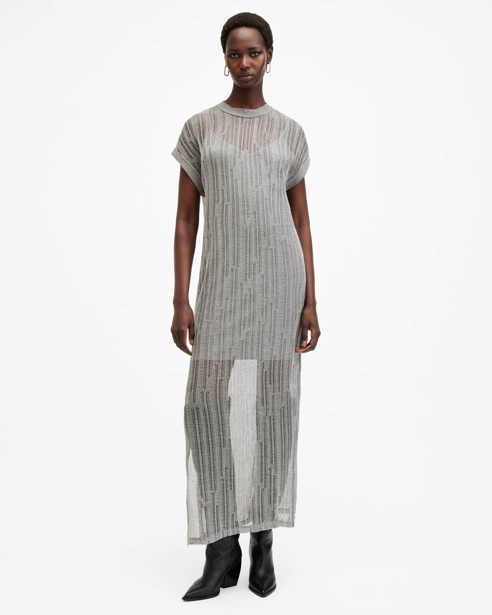 Giana Metallic Open Stitch Midi Dress Silver | ALLSAINTS