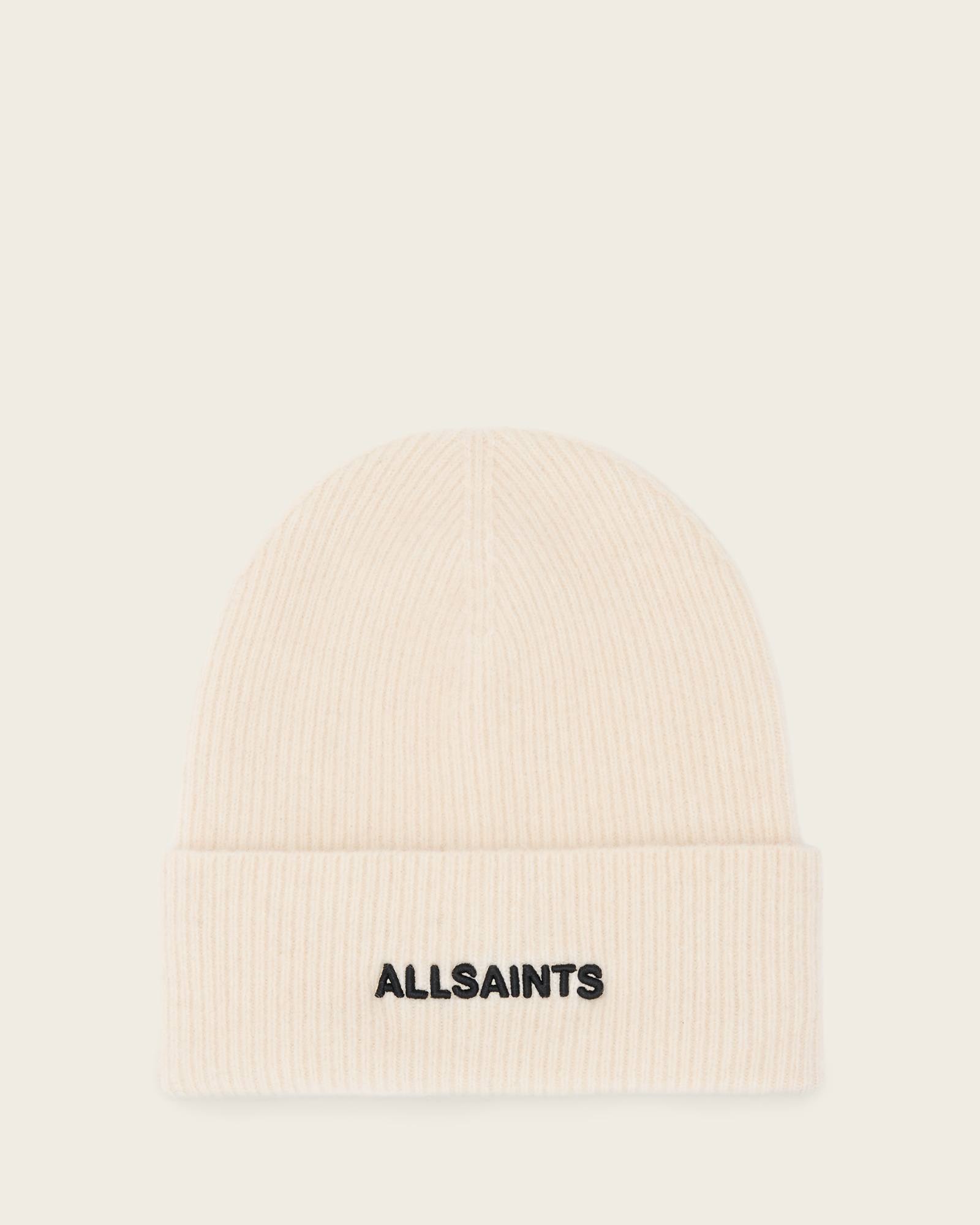 All Saints Ivory Knit Beanie wool blend ALL SAINTS Travelling Rib Cuff Beanie Hat Logo Patch Mens  main image 4