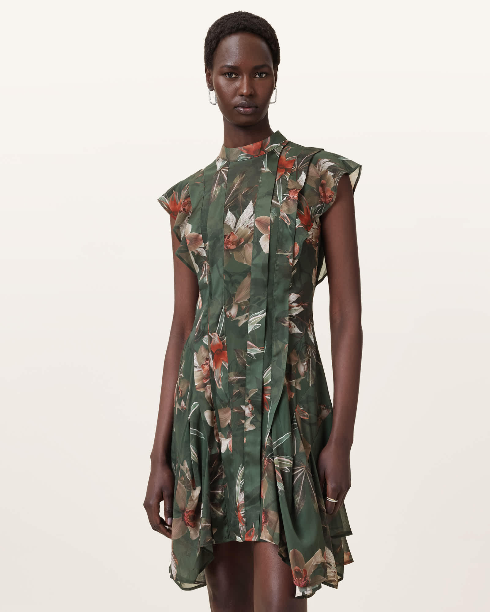 Allsaints Womens Adena Khaki Gr Fleur Floral-print Asymmetric-hem Woven Mini Dress