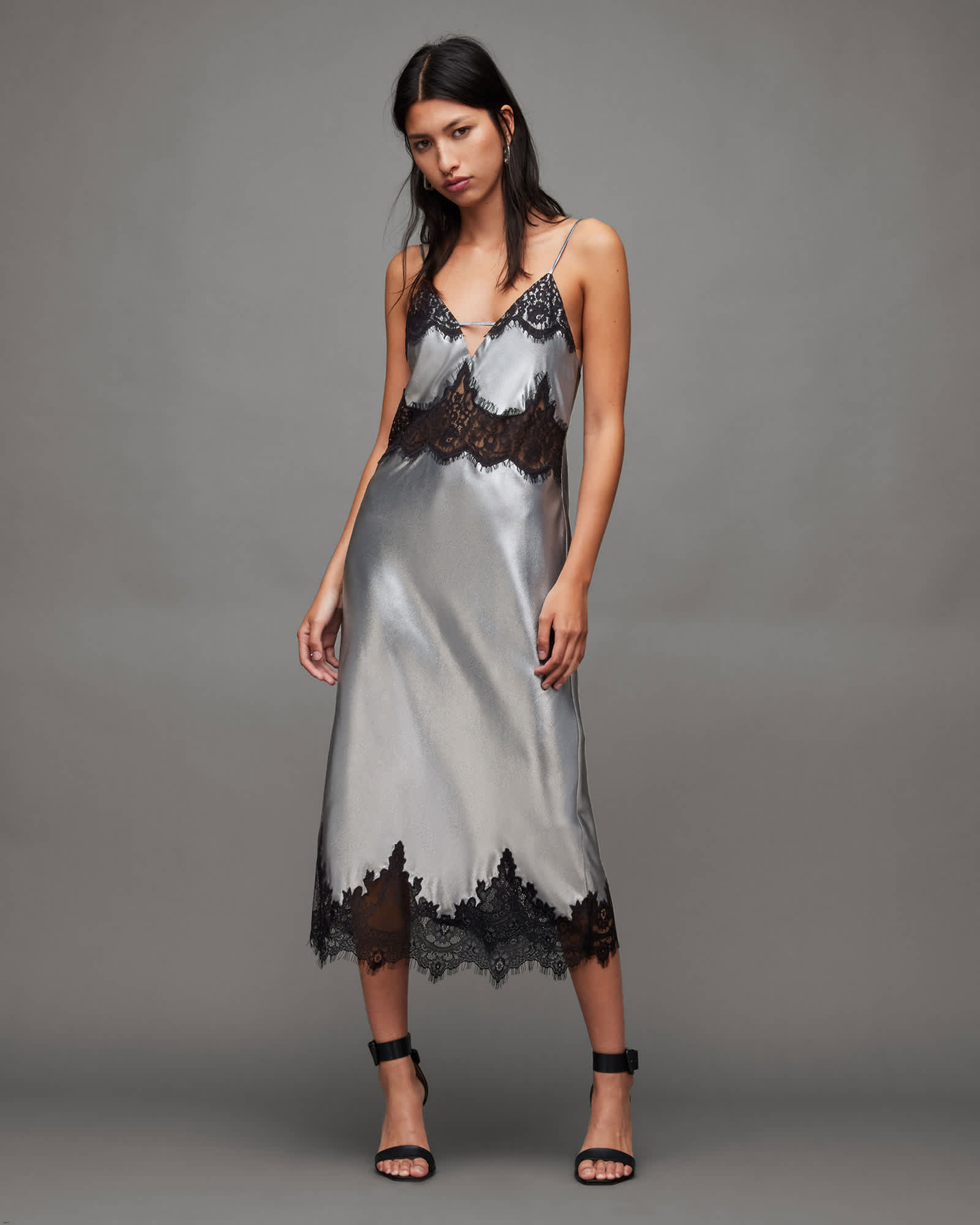 Ophelia Metallic Lace Trim Maxi Dress Gunmetal Grey