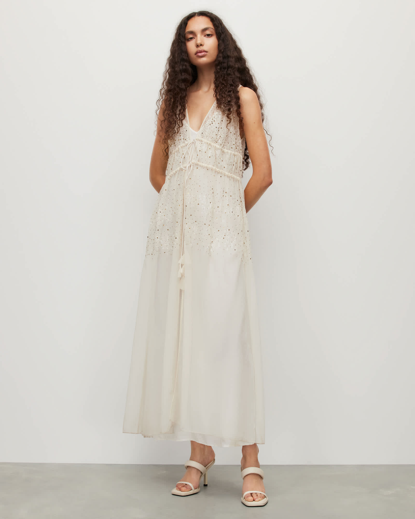 robyn embellished sequin maxi dress AllSaints Robyn Embellished Recycled-polyester Maxi Dress in Black