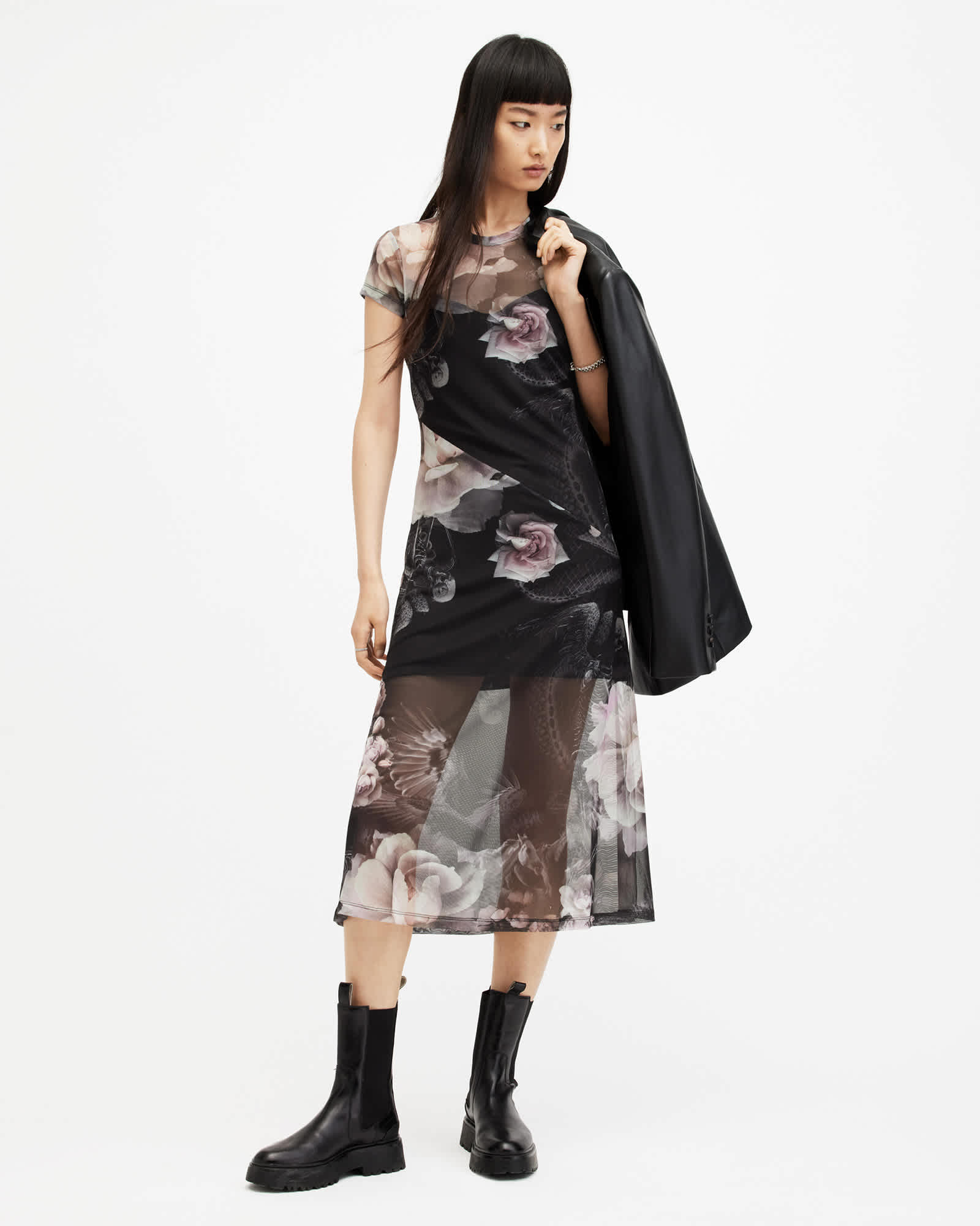 Hanna Valley Printed Mesh Midi Dress BLACK MONO | ALLSAINTS US