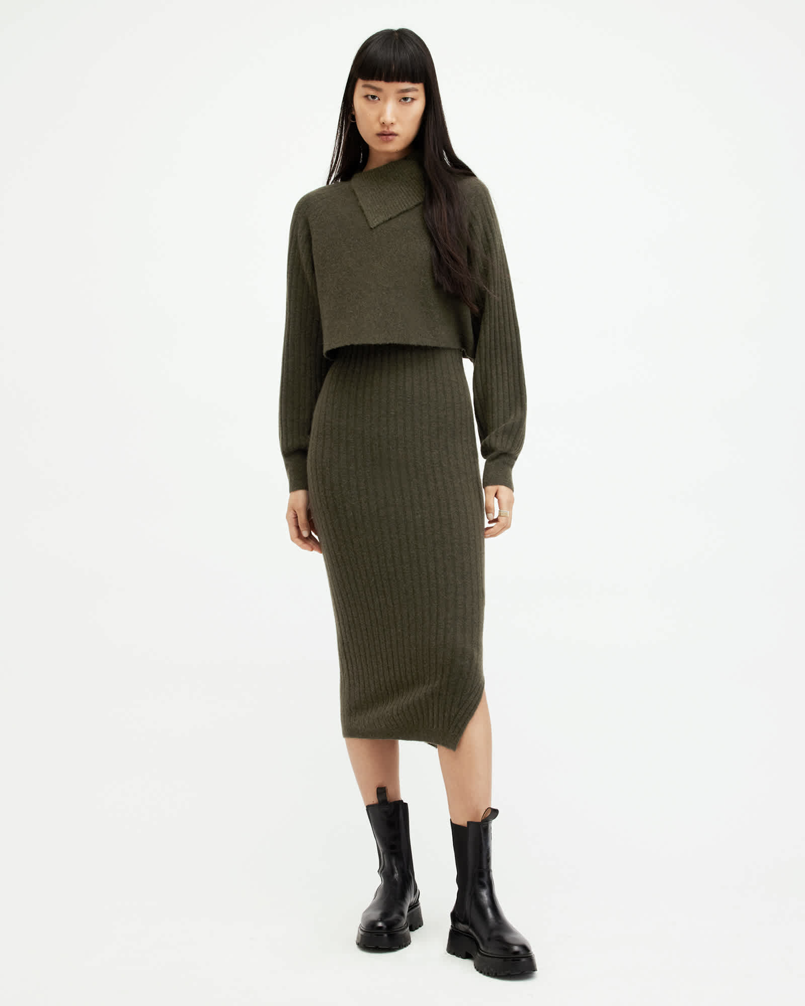 Margetta 2-In-1 Ribbed Midi Dress KHAKI GREEN | ALLSAINTS US