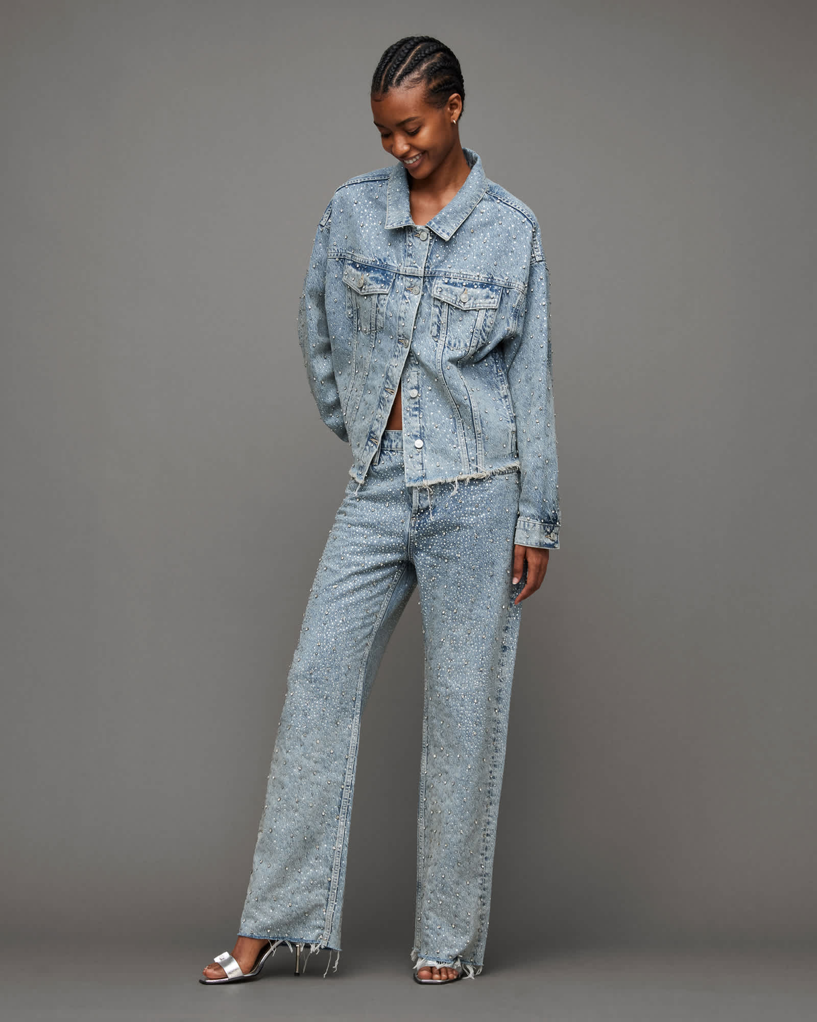 Wendel Crystal Embellished Wide Jeans Light Indigo | ALLSAINTS US