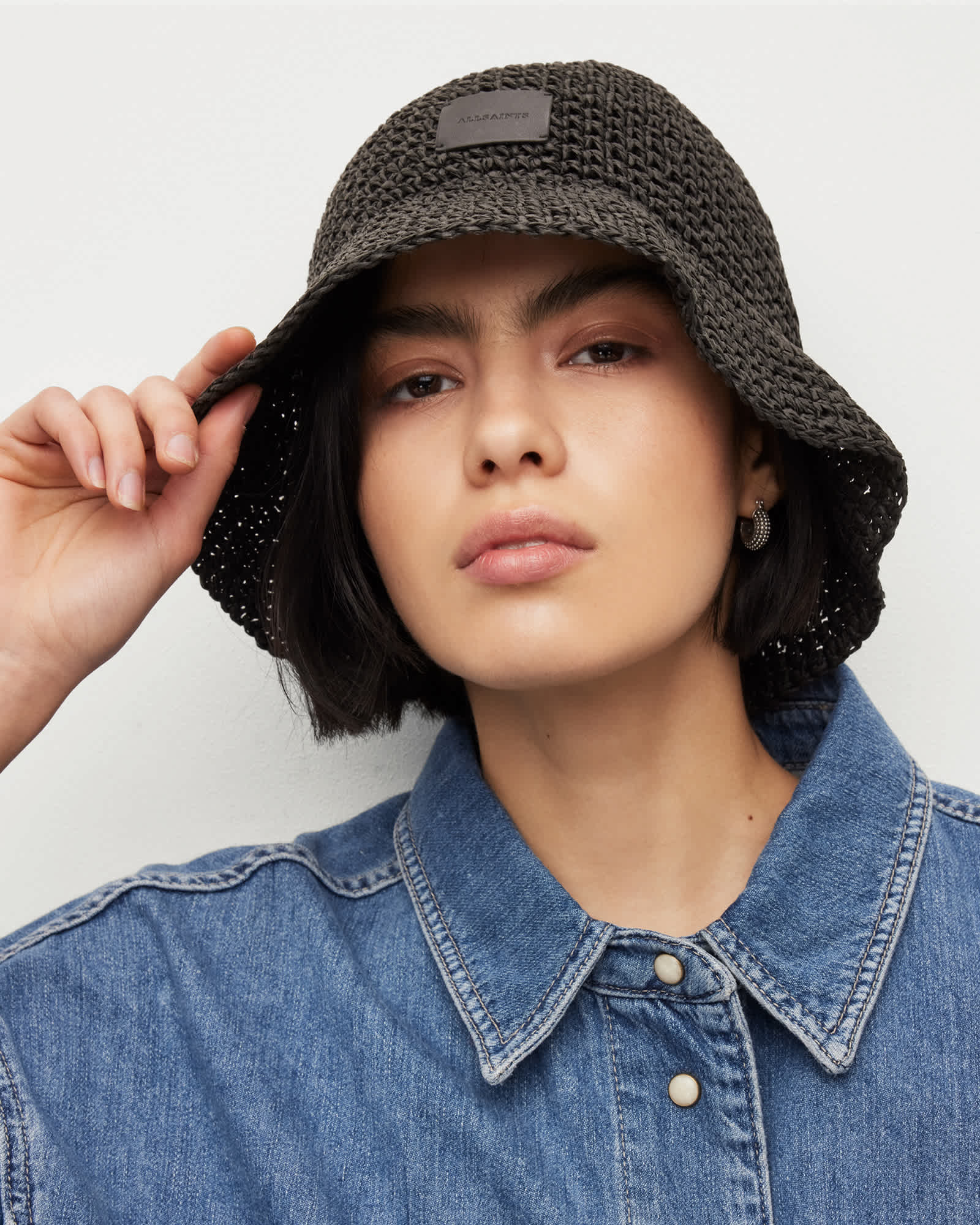 Enya Logo Patch Straw Bucket Hat Black | ALLSAINTS